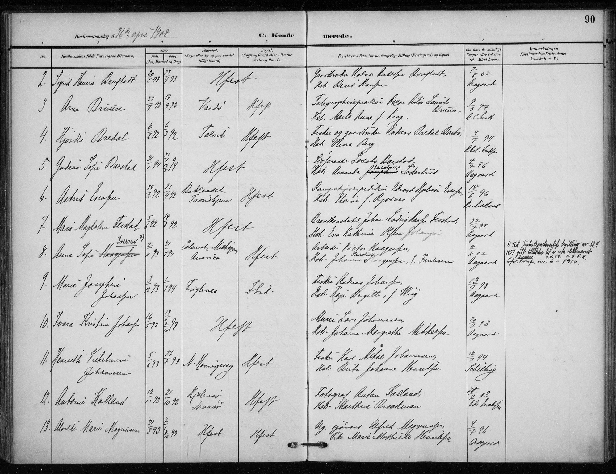 Hammerfest sokneprestkontor, AV/SATØ-S-1347/H/Ha/L0014.kirke: Parish register (official) no. 14, 1906-1916, p. 90