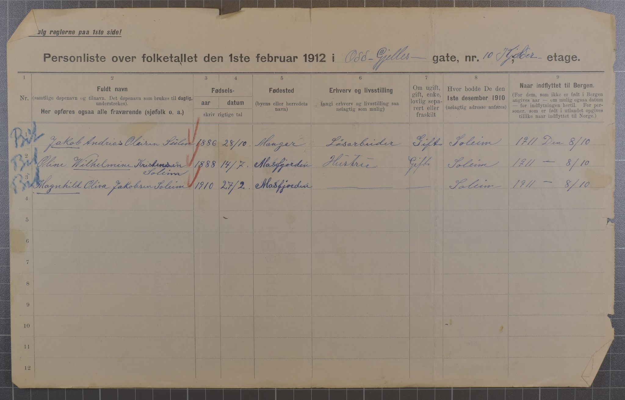 SAB, Municipal Census 1912 for Bergen, 1912, p. 8