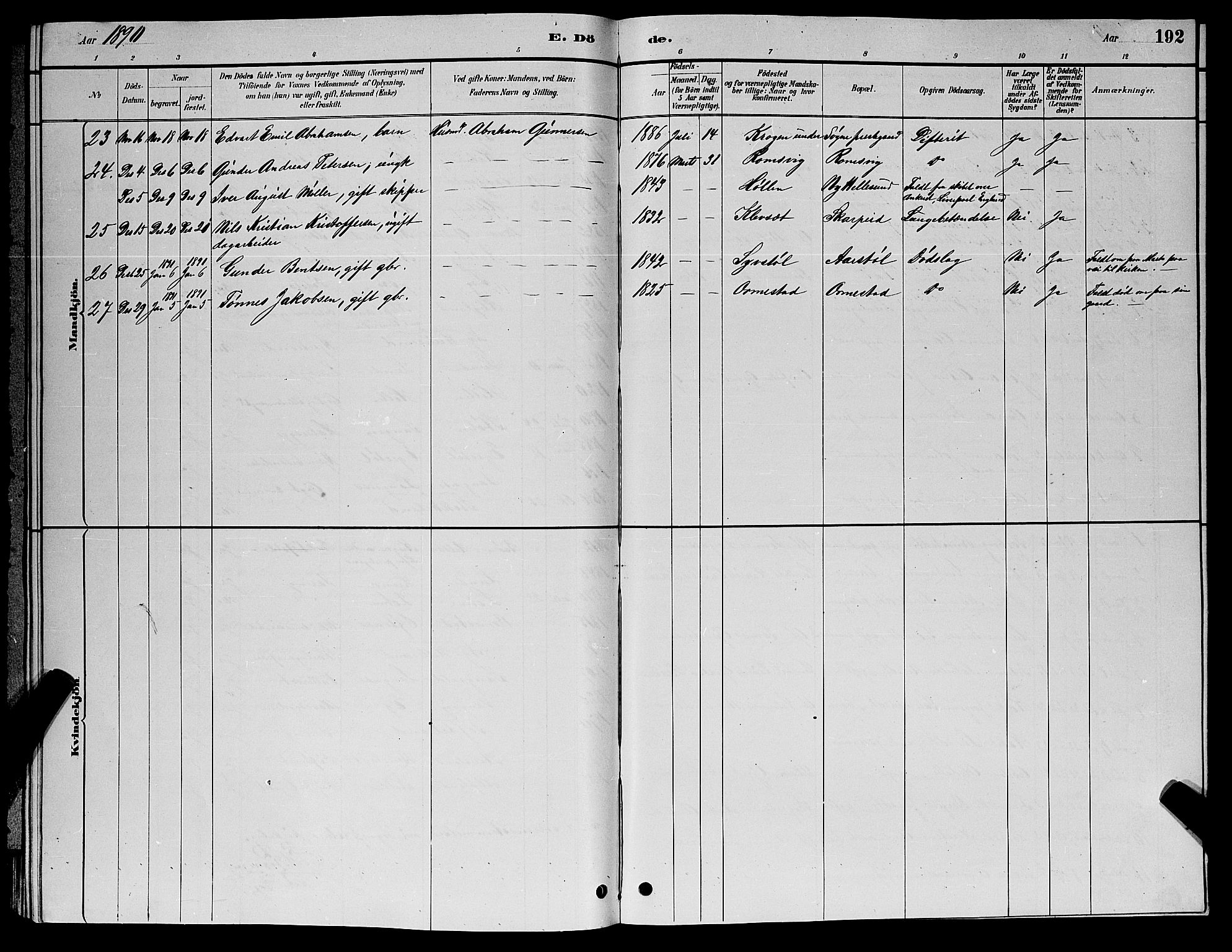 Søgne sokneprestkontor, SAK/1111-0037/F/Fb/Fbb/L0005: Parish register (copy) no. B 5, 1884-1891, p. 192