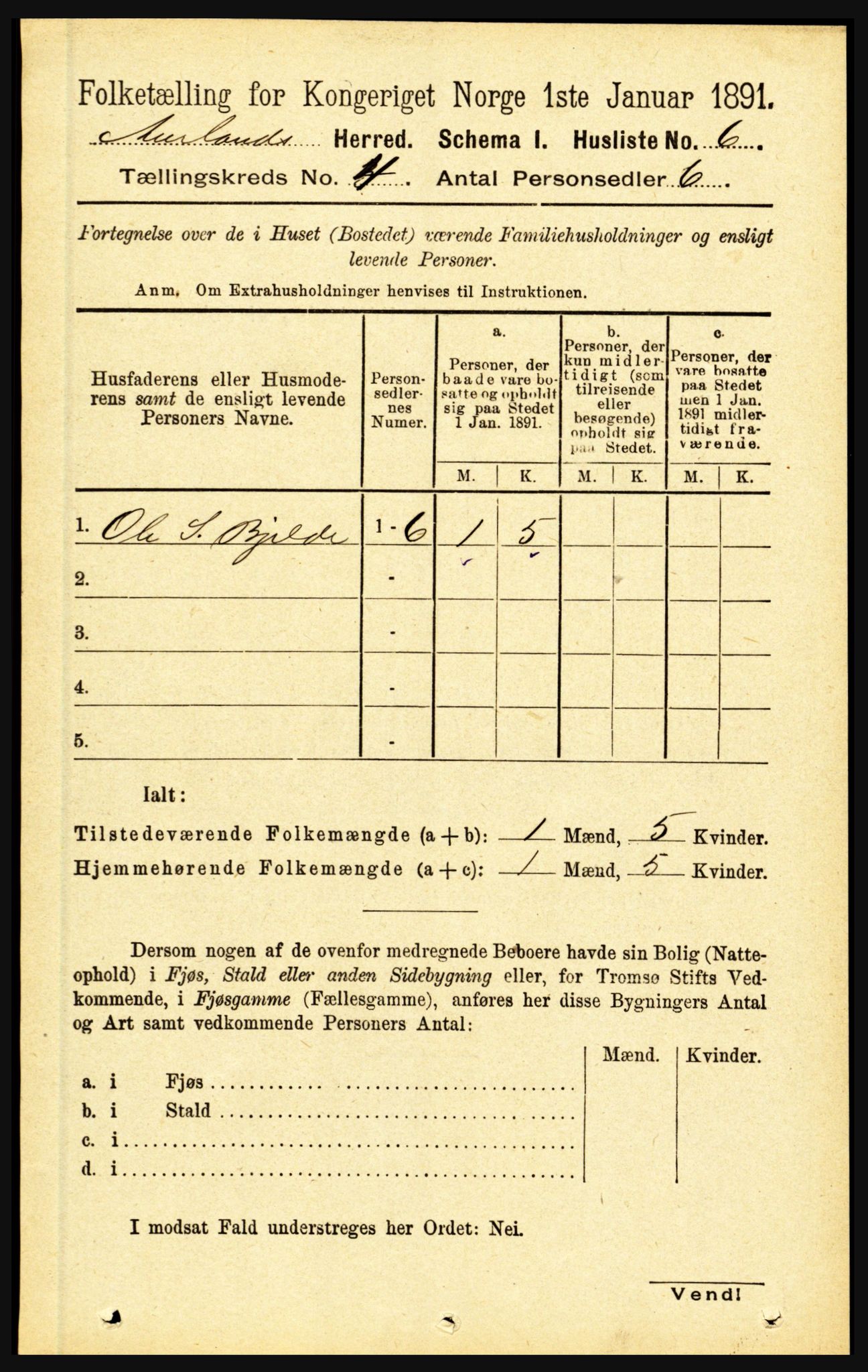 RA, 1891 census for 1421 Aurland, 1891, p. 1290