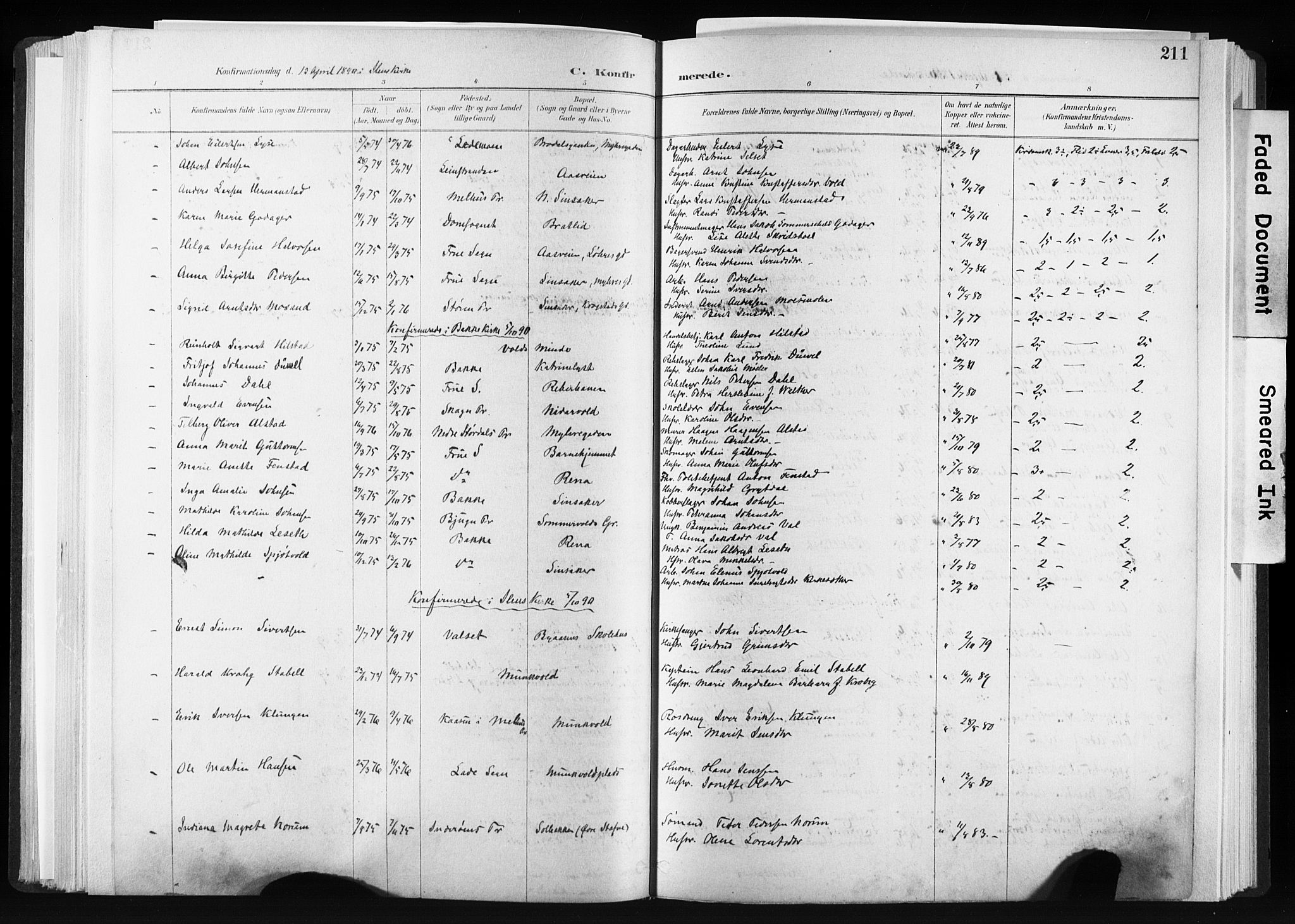 Ministerialprotokoller, klokkerbøker og fødselsregistre - Sør-Trøndelag, AV/SAT-A-1456/606/L0300: Parish register (official) no. 606A15, 1886-1893, p. 211