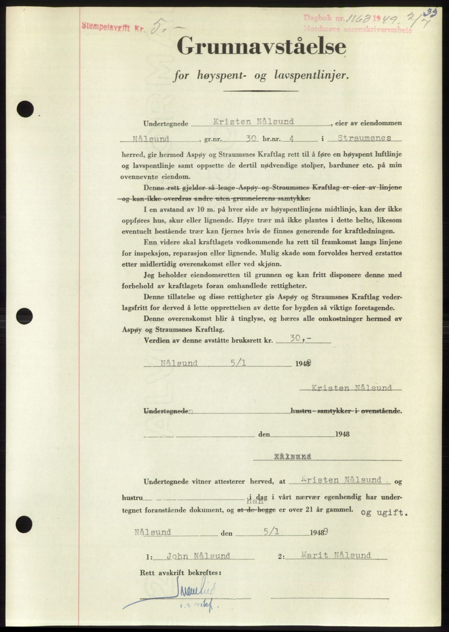 Nordmøre sorenskriveri, AV/SAT-A-4132/1/2/2Ca: Mortgage book no. B102, 1949-1949, Diary no: : 1863/1949