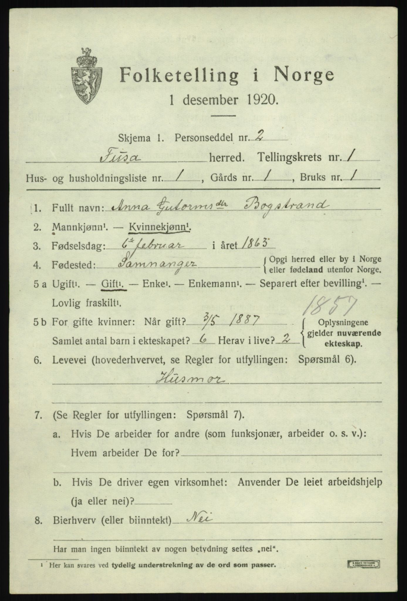 SAB, 1920 census for Fusa, 1920, p. 445