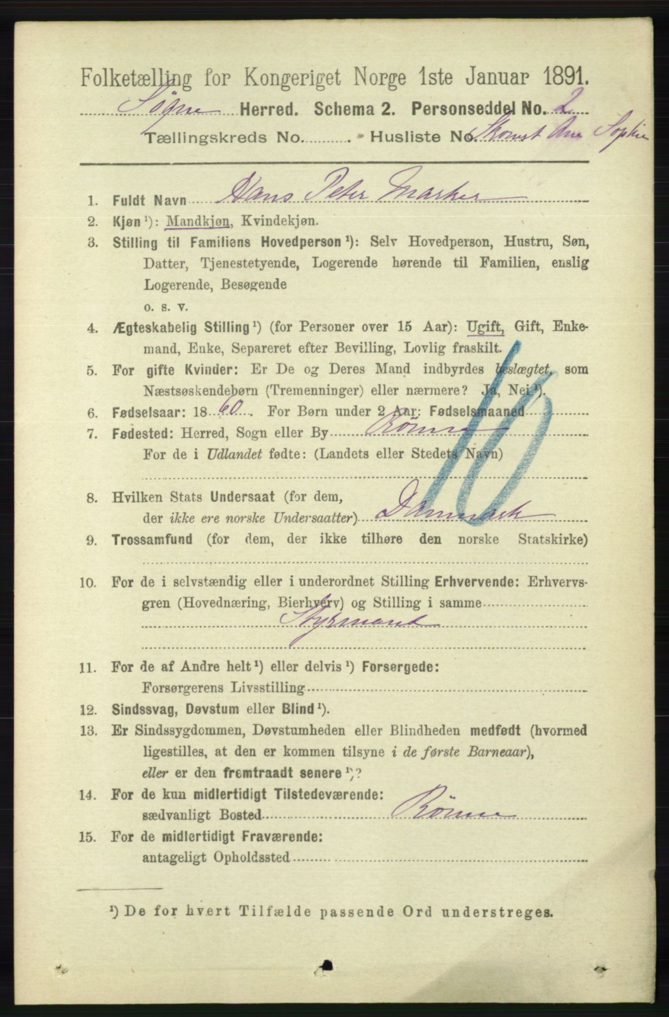 RA, 1891 census for 1018 Søgne, 1891, p. 4871