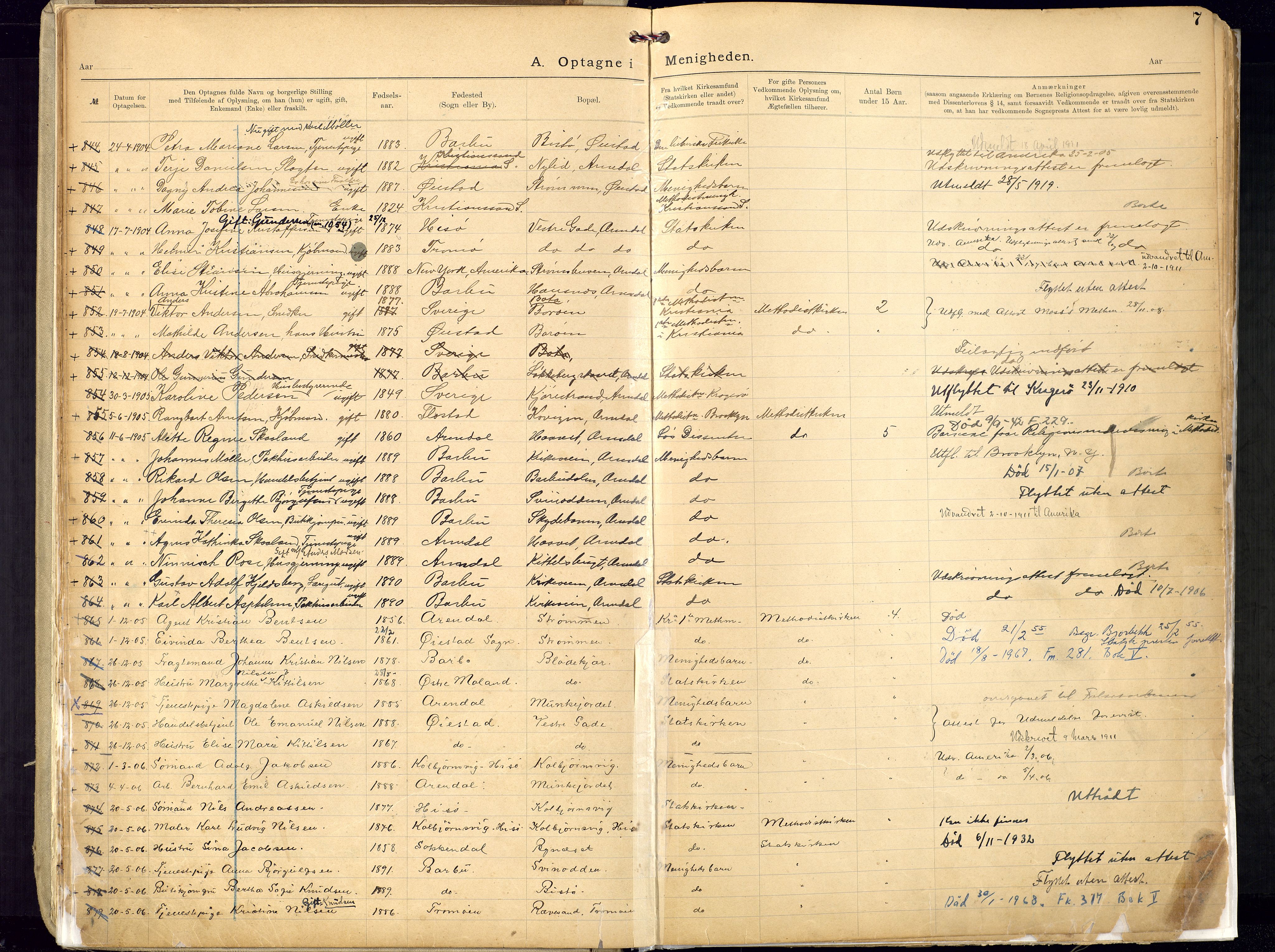 Metodistmenigheten, Arendal, SAK/1292-0011/F/Fa/L0005: Dissenter register no. 5, 1892-1942, p. 7
