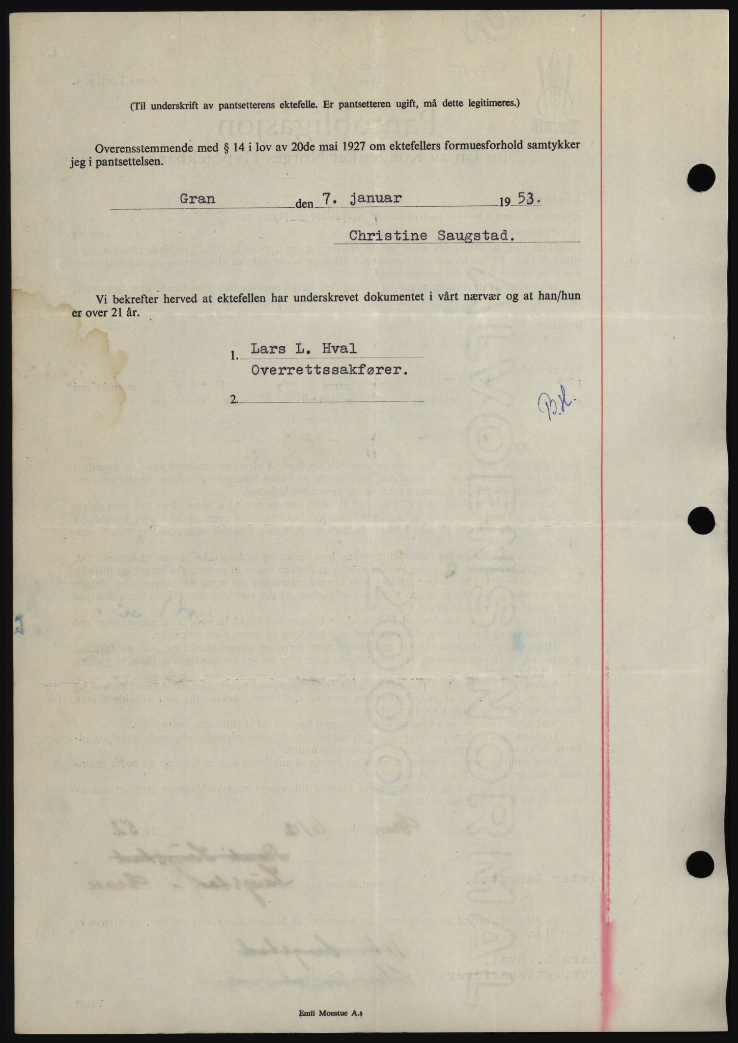 Hadeland og Land tingrett, SAH/TING-010/H/Hb/Hbc/L0026: Mortgage book no. B26, 1953-1953, Diary no: : 95/1953