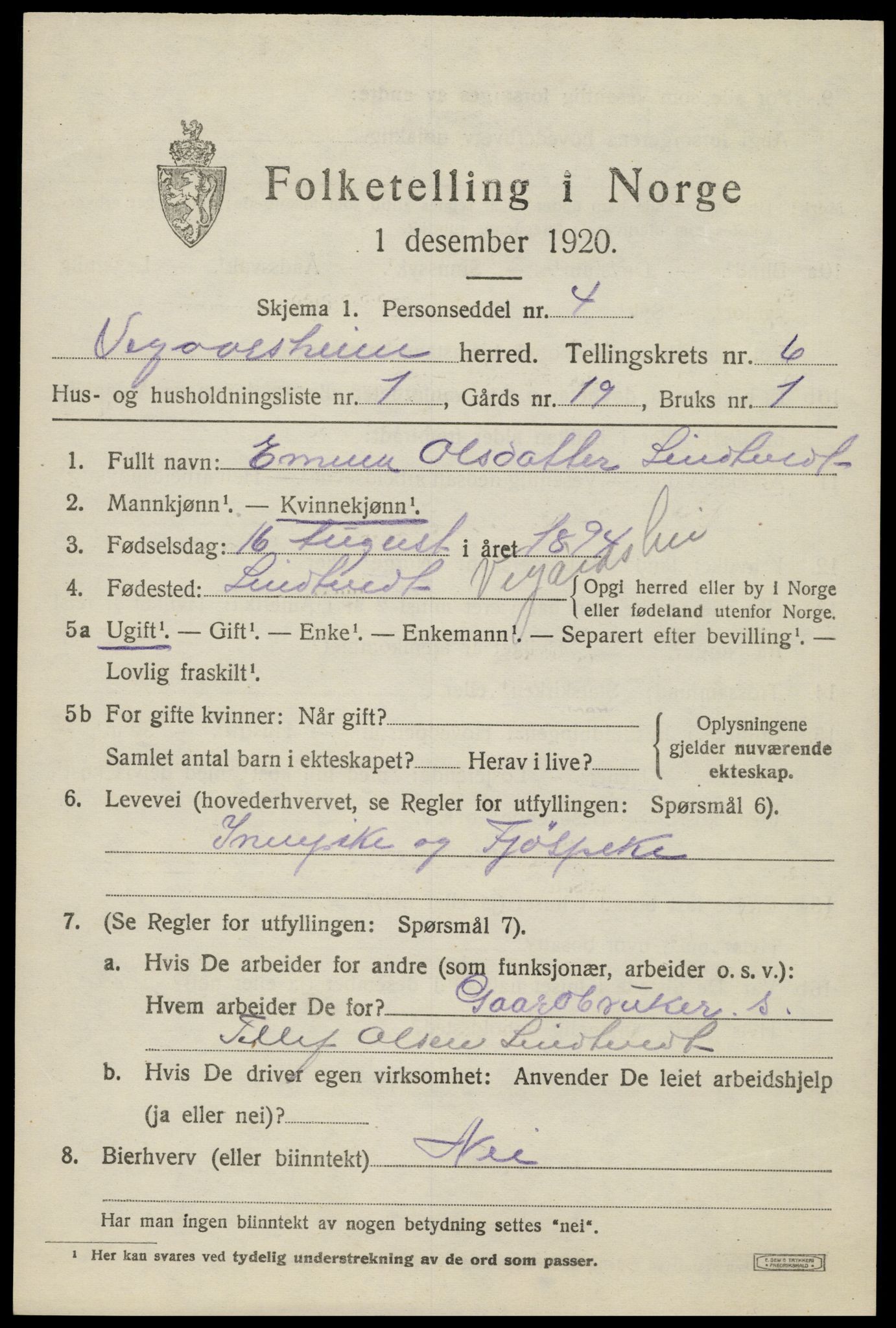 SAK, 1920 census for Vegårshei, 1920, p. 2174