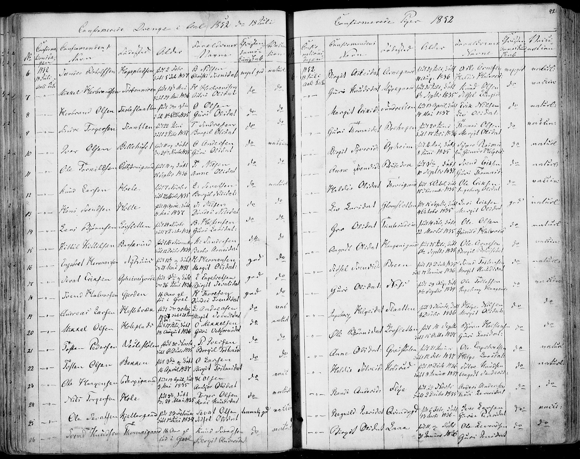 Ål kirkebøker, AV/SAKO-A-249/F/Fa/L0006: Parish register (official) no. I 6, 1849-1864, p. 92