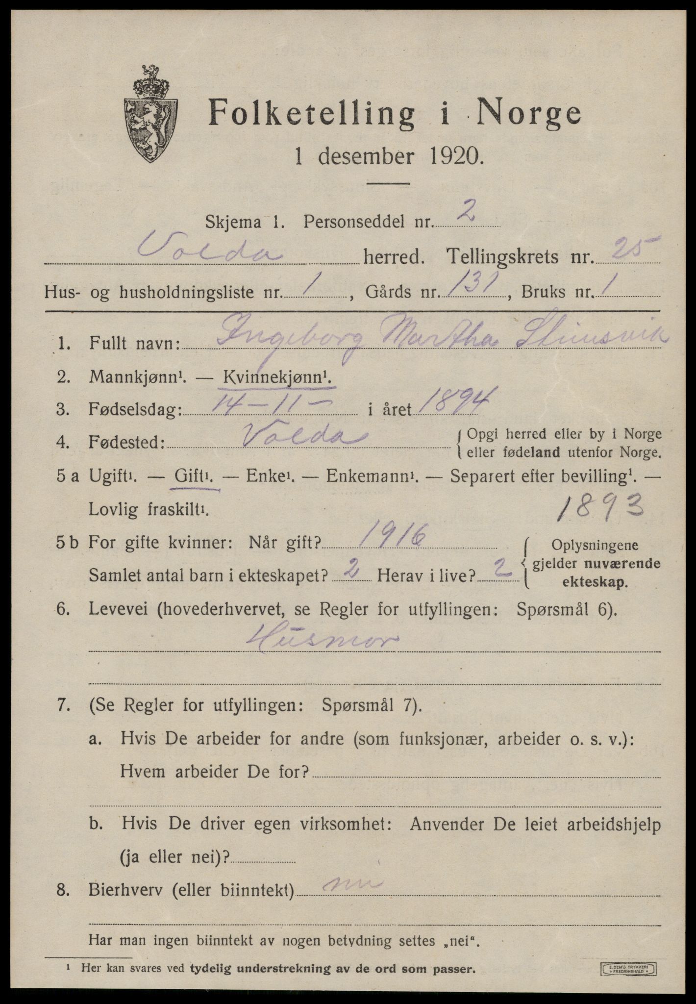 SAT, 1920 census for Volda, 1920, p. 12076