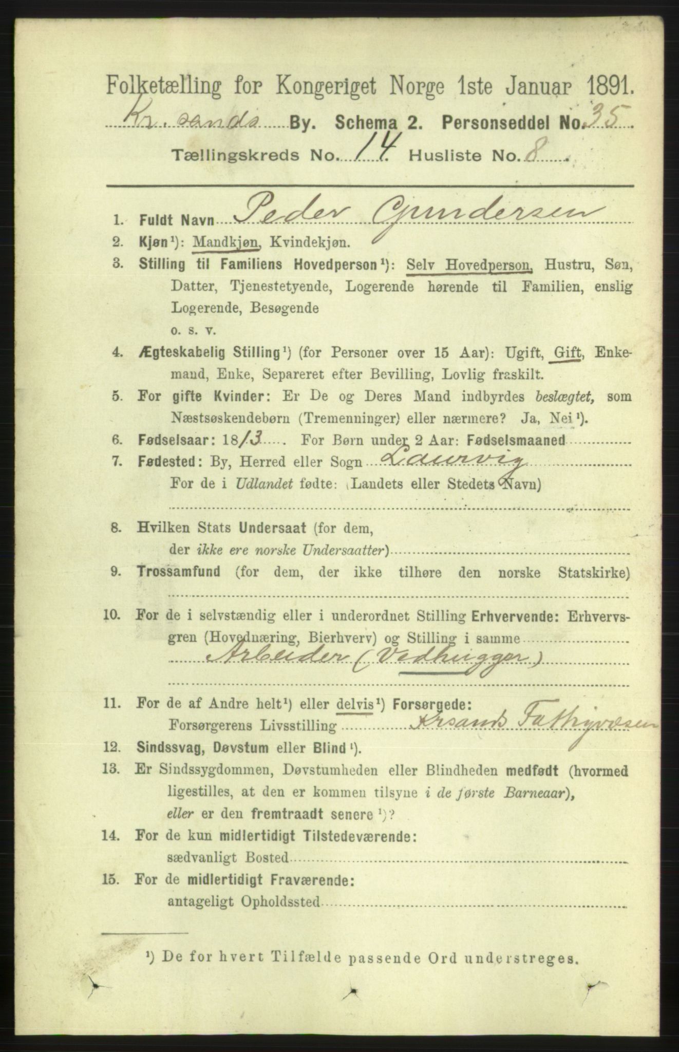 RA, 1891 census for 1001 Kristiansand, 1891, p. 6281