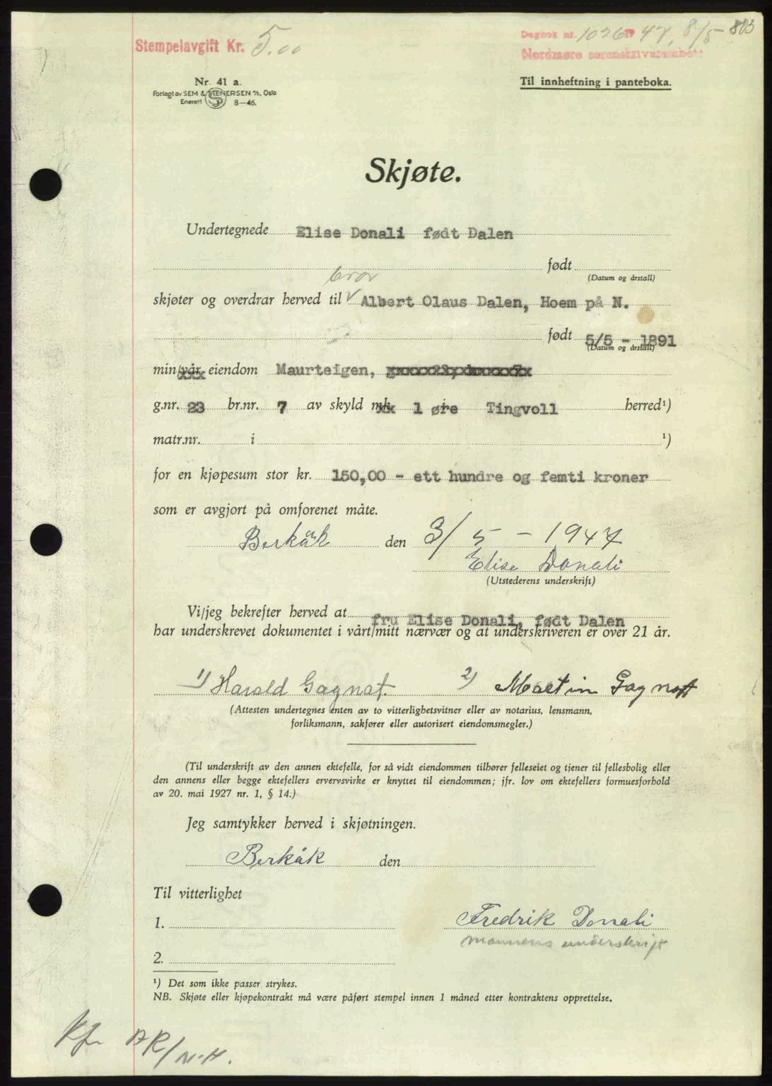 Nordmøre sorenskriveri, AV/SAT-A-4132/1/2/2Ca: Mortgage book no. A104, 1947-1947, Diary no: : 1026/1947