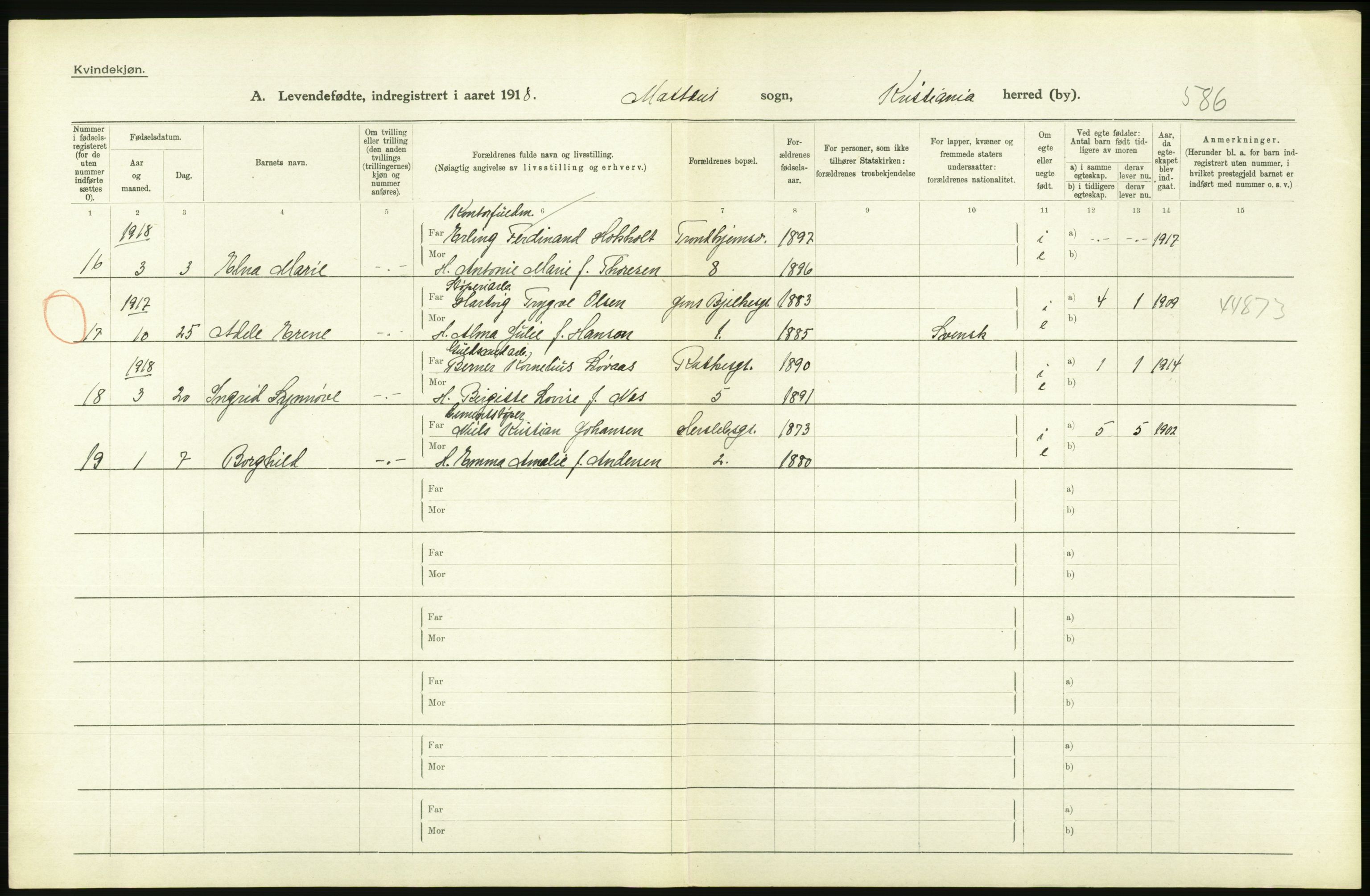 Statistisk sentralbyrå, Sosiodemografiske emner, Befolkning, AV/RA-S-2228/D/Df/Dfb/Dfbh/L0008: Kristiania: Levendefødte menn og kvinner., 1918, p. 32