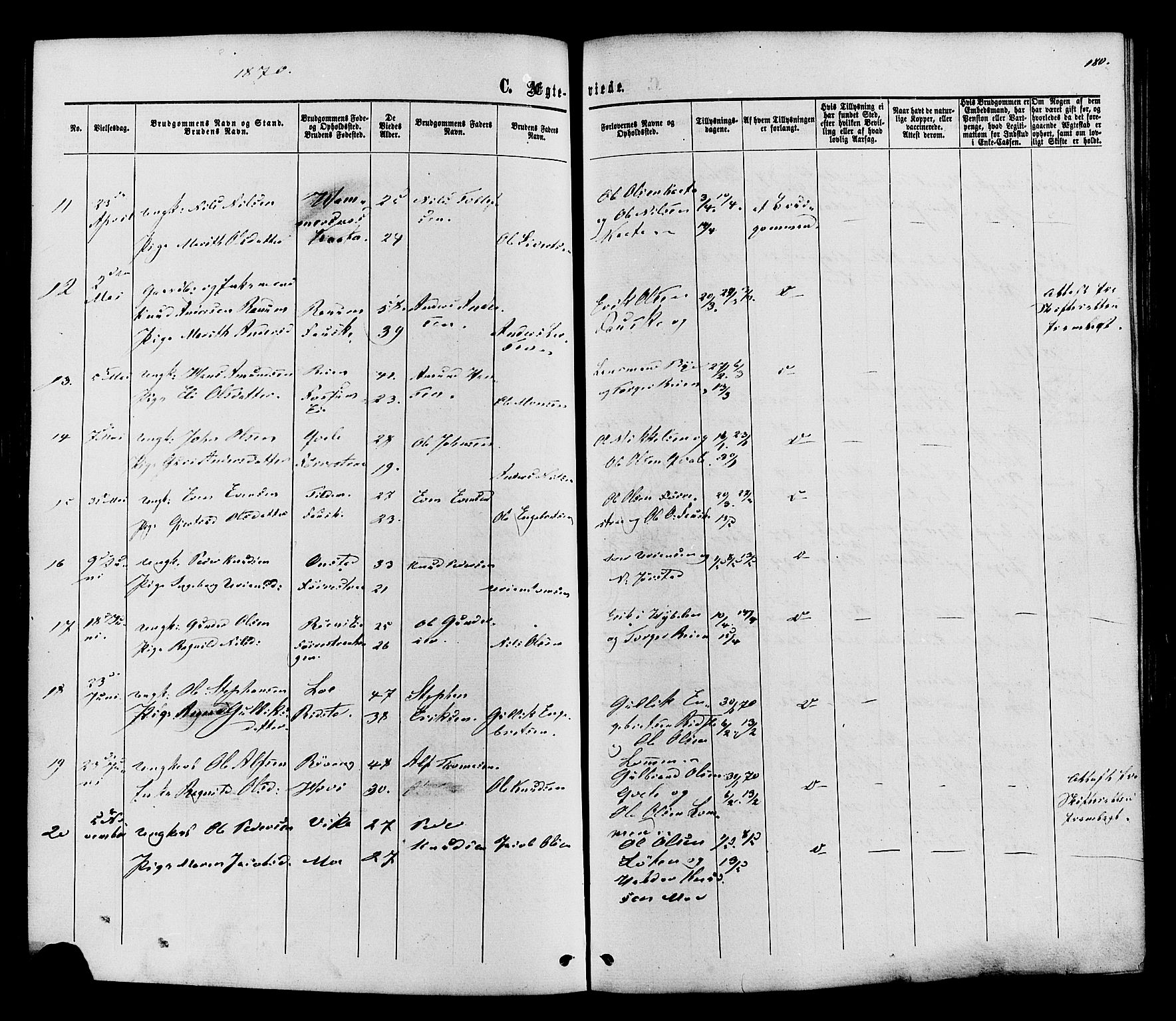 Vestre Slidre prestekontor, SAH/PREST-136/H/Ha/Haa/L0003: Parish register (official) no. 3, 1865-1880, p. 180