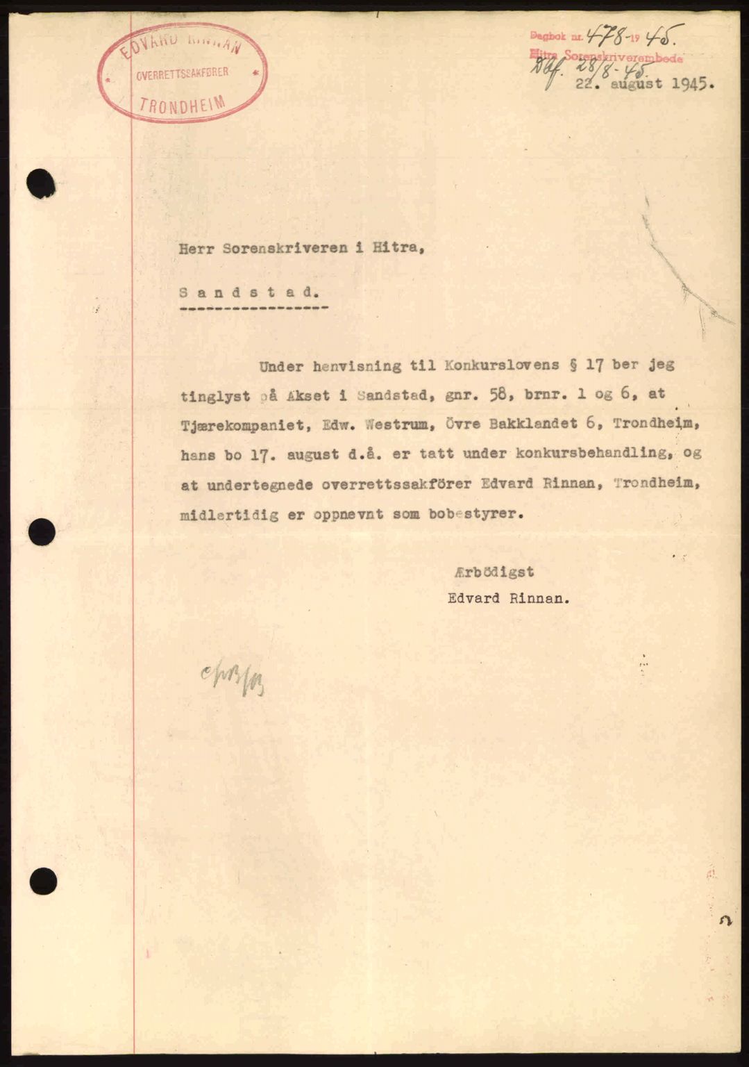 Hitra sorenskriveri, AV/SAT-A-0018/2/2C/2Ca: Mortgage book no. B1, 1939-1949, Diary no: : 478/1945