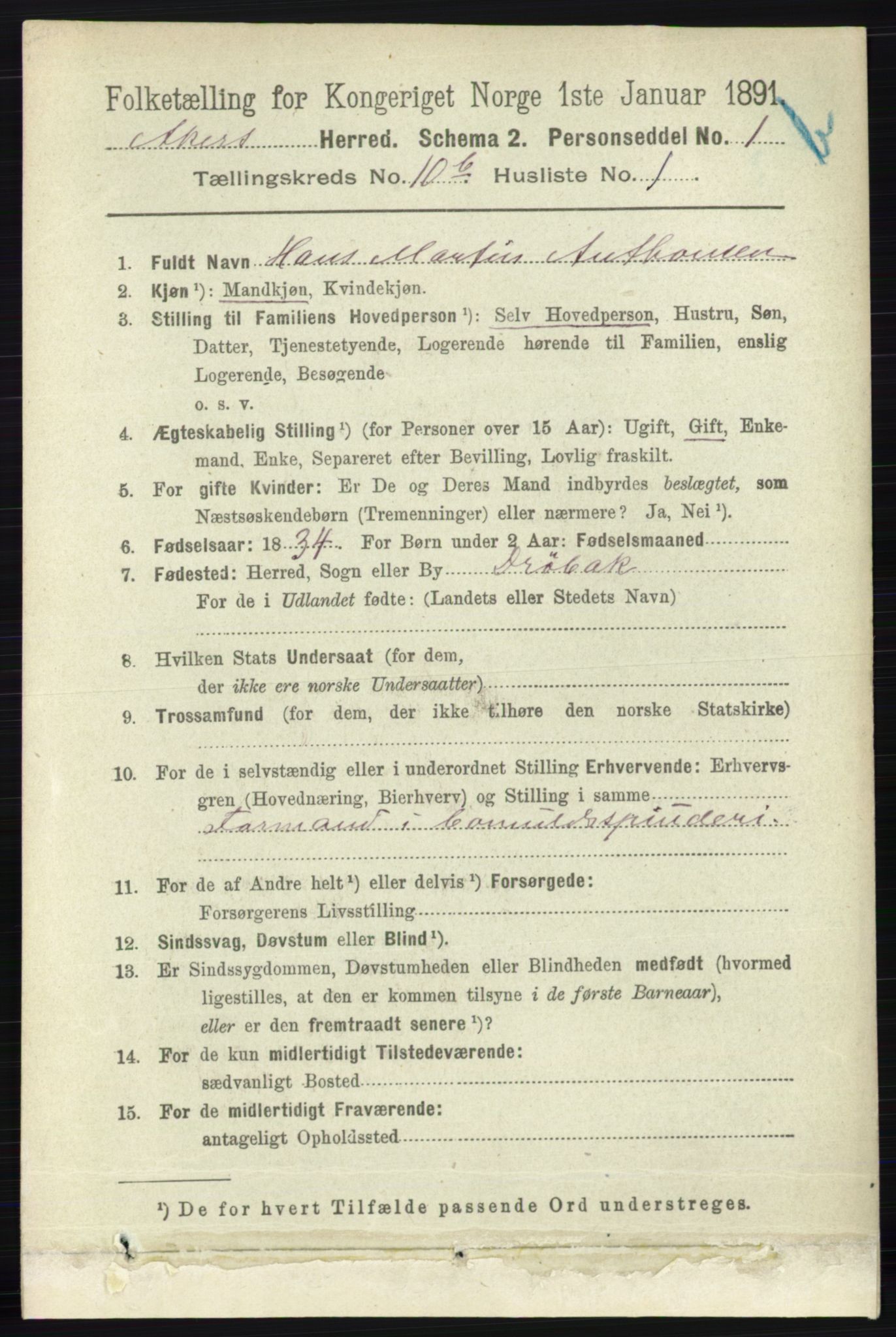 RA, 1891 census for 0218 Aker, 1891, p. 9587