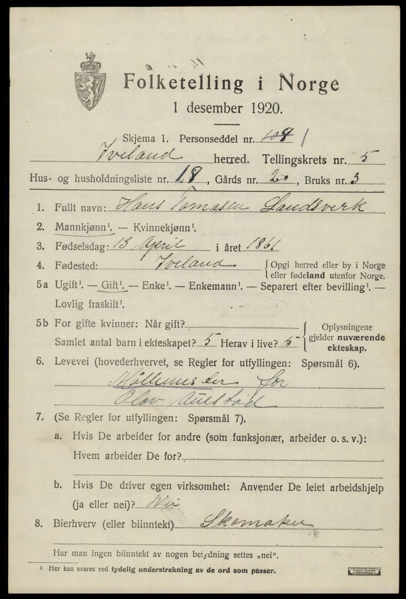 SAK, 1920 census for Iveland, 1920, p. 1803