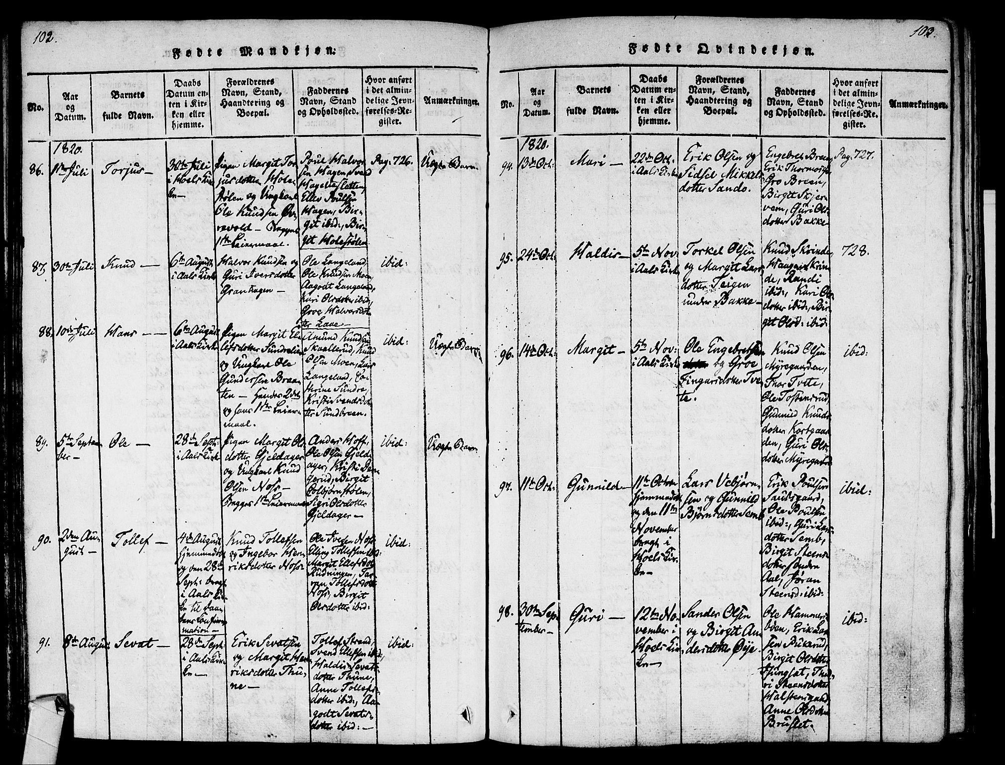 Ål kirkebøker, AV/SAKO-A-249/F/Fa/L0004: Parish register (official) no. I 4, 1815-1825, p. 102-103