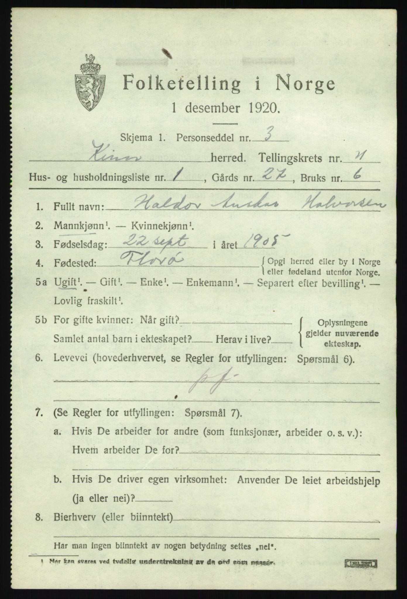 SAB, 1920 census for Kinn, 1920, p. 3683