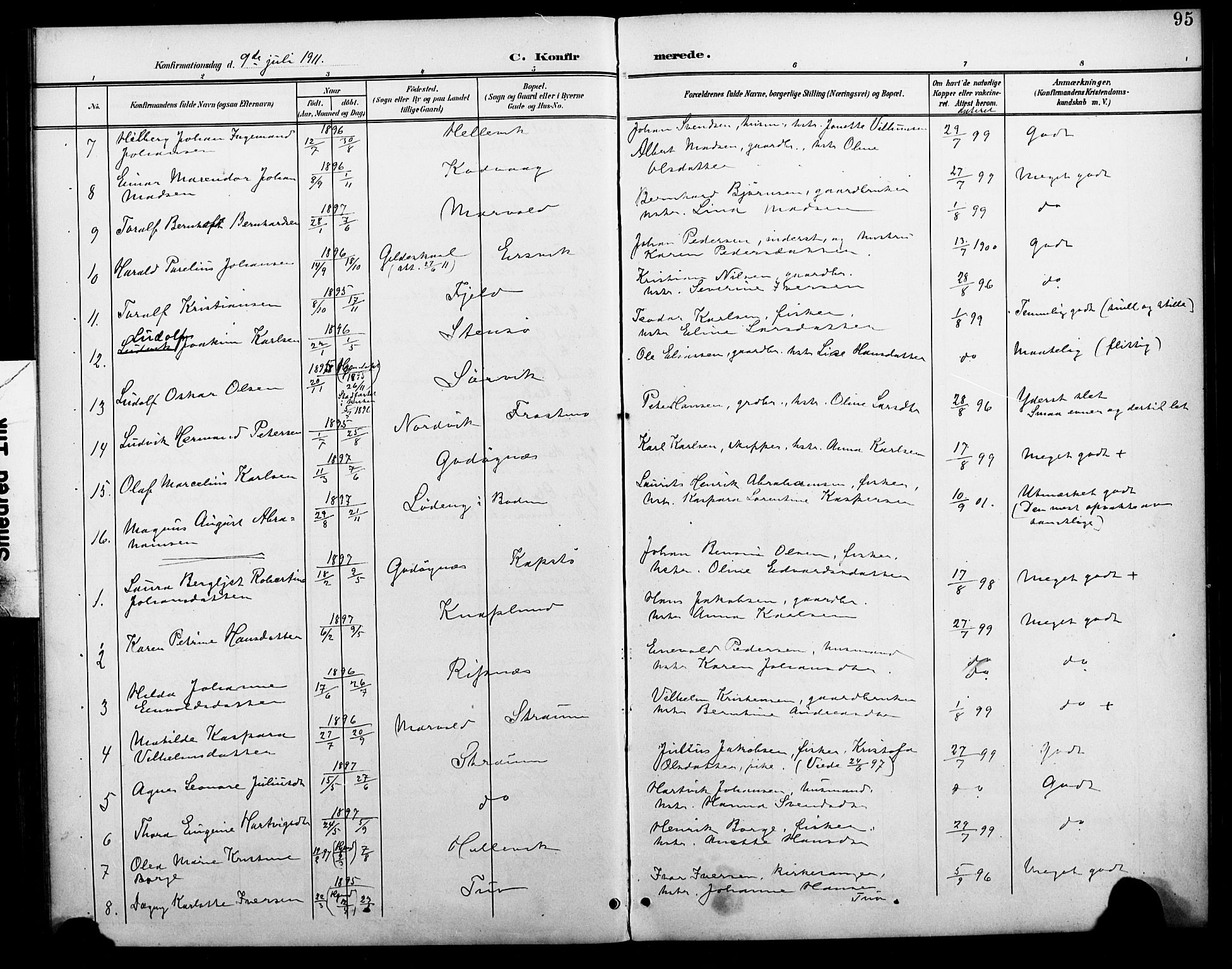 Ministerialprotokoller, klokkerbøker og fødselsregistre - Nordland, AV/SAT-A-1459/804/L0088: Parish register (copy) no. 804C01, 1901-1917, p. 95