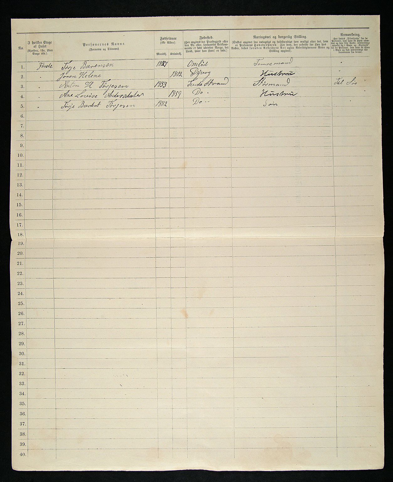 SAK, 1885 census for 0902 Tvedestrand, 1885, p. 5