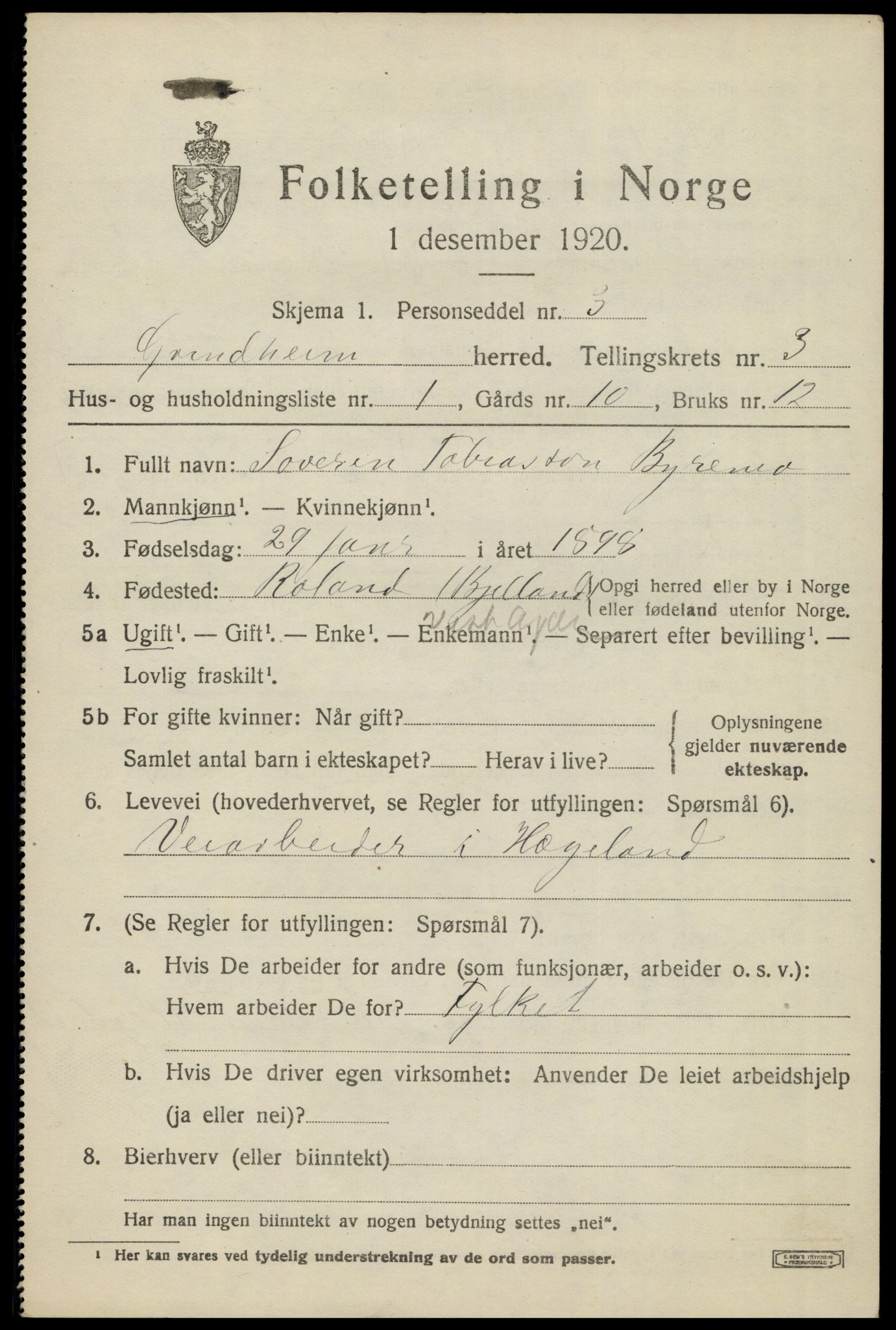 SAK, 1920 census for Grindheim, 1920, p. 893