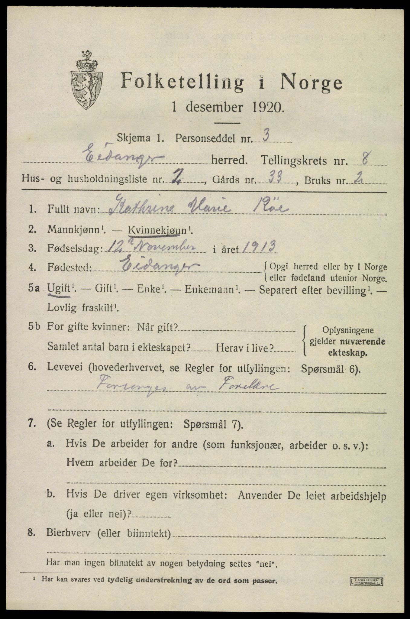 SAKO, 1920 census for Eidanger, 1920, p. 5448