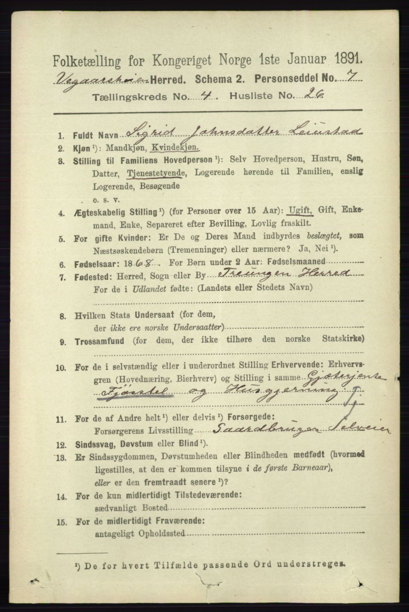 RA, 1891 census for 0912 Vegårshei, 1891, p. 940