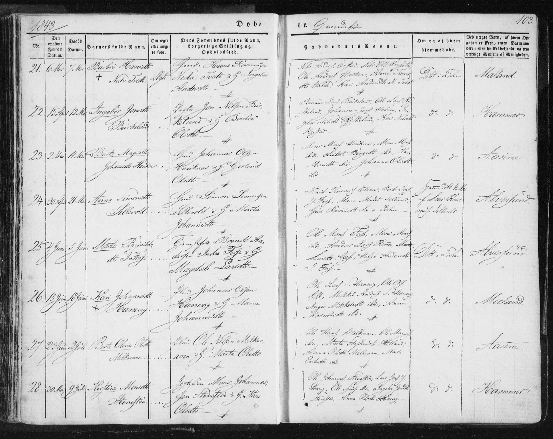 Hamre sokneprestembete, AV/SAB-A-75501/H/Ha/Haa/Haaa/L0012: Parish register (official) no. A 12, 1834-1845, p. 103