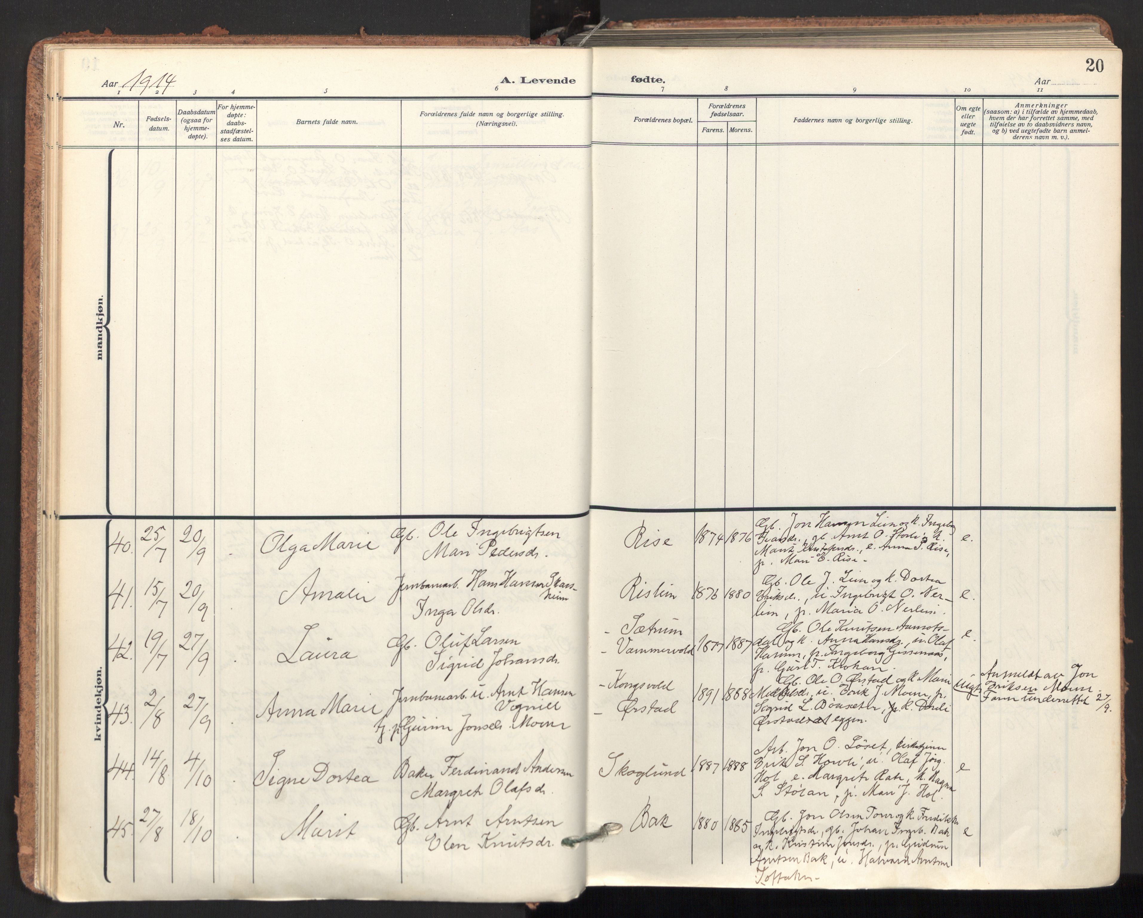 Ministerialprotokoller, klokkerbøker og fødselsregistre - Sør-Trøndelag, AV/SAT-A-1456/678/L0909: Parish register (official) no. 678A17, 1912-1930, p. 20