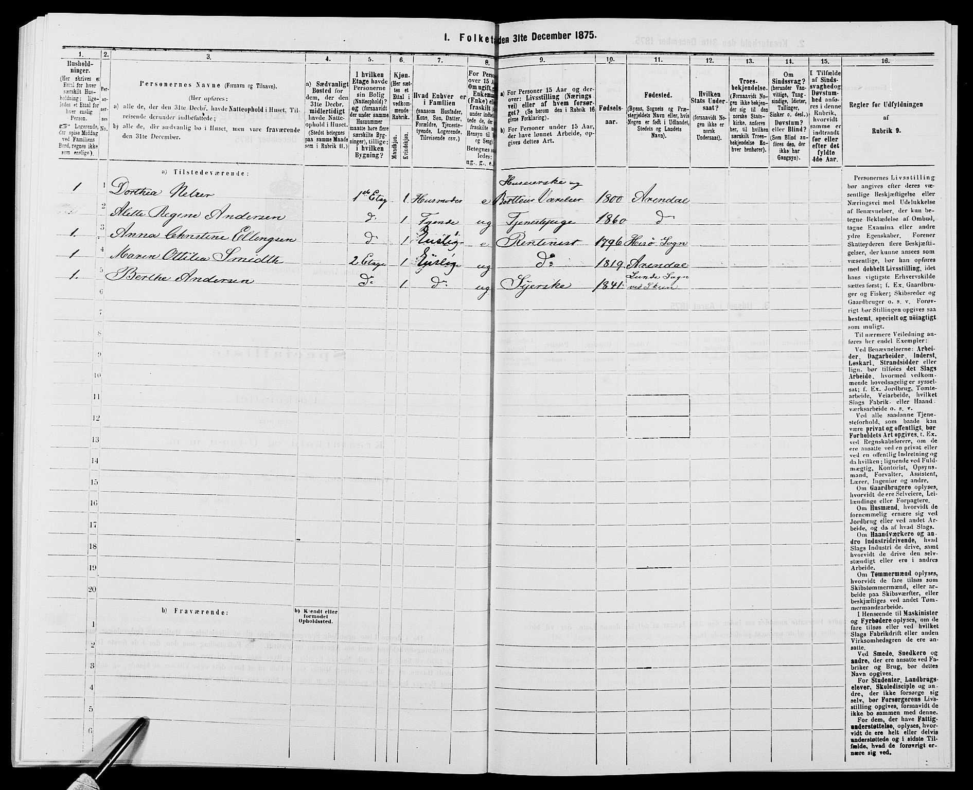 SAK, 1875 census for 0903P Arendal, 1875, p. 804