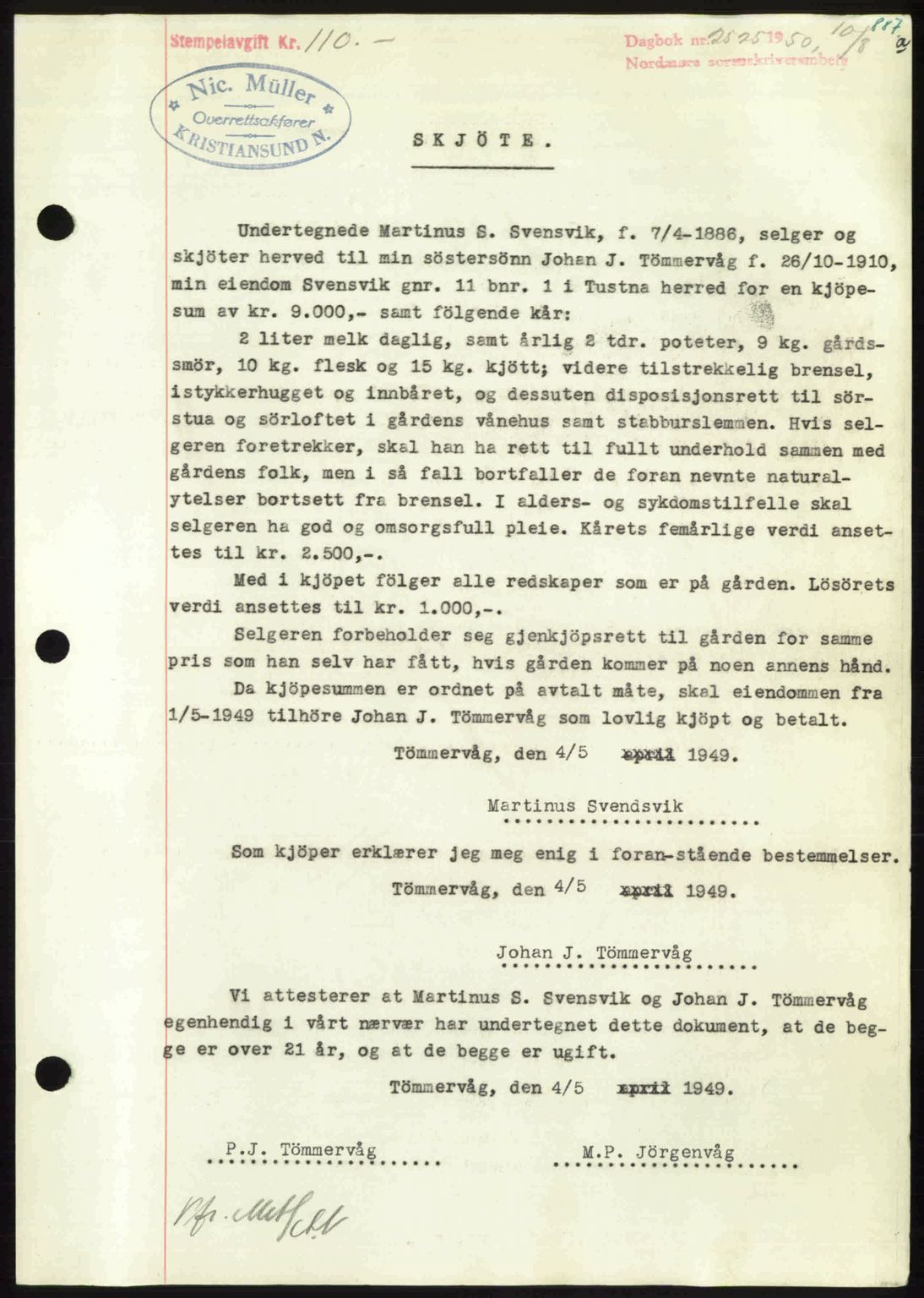 Nordmøre sorenskriveri, AV/SAT-A-4132/1/2/2Ca: Mortgage book no. A115, 1950-1950, Diary no: : 2525/1950