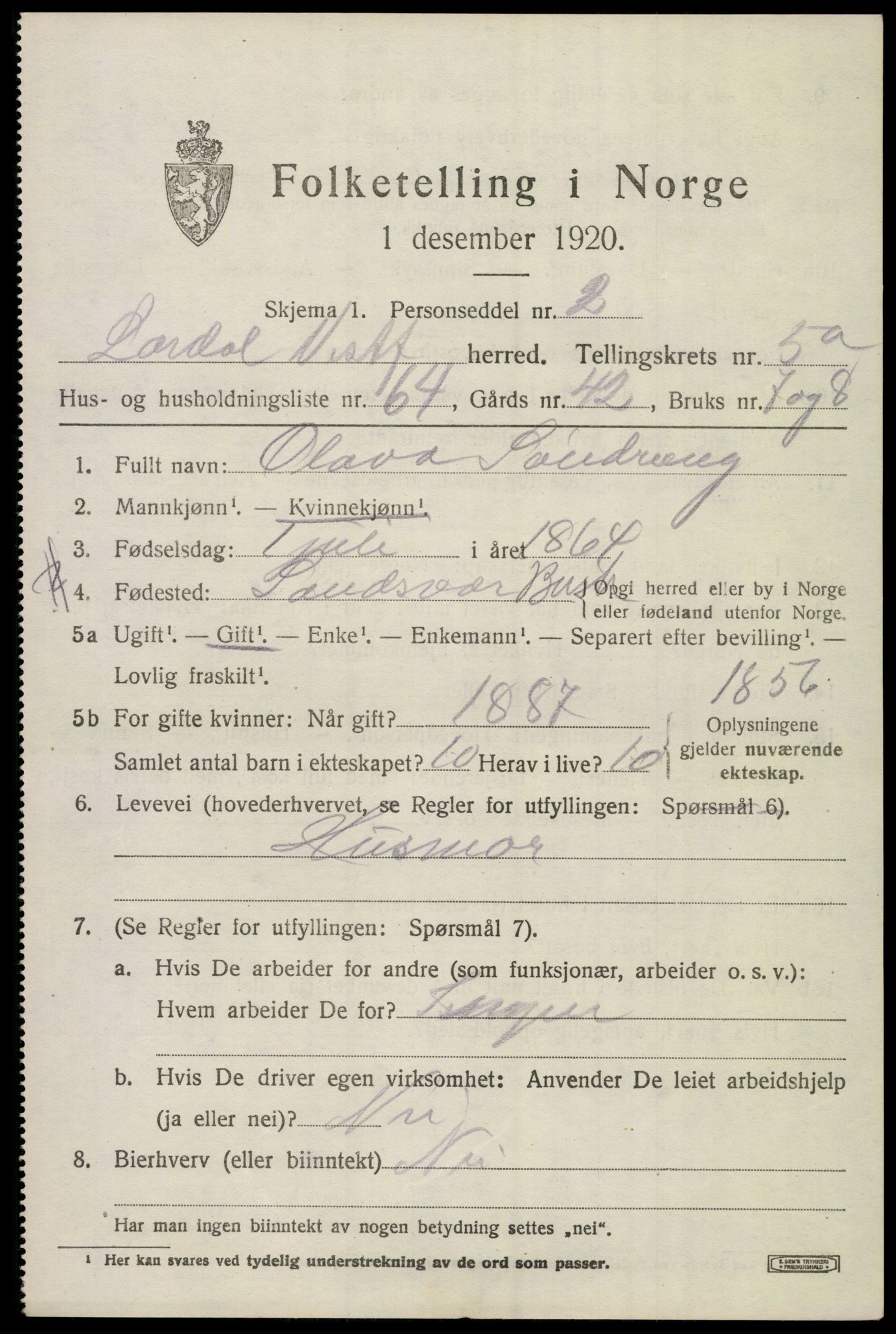SAKO, 1920 census for Lardal, 1920, p. 5179