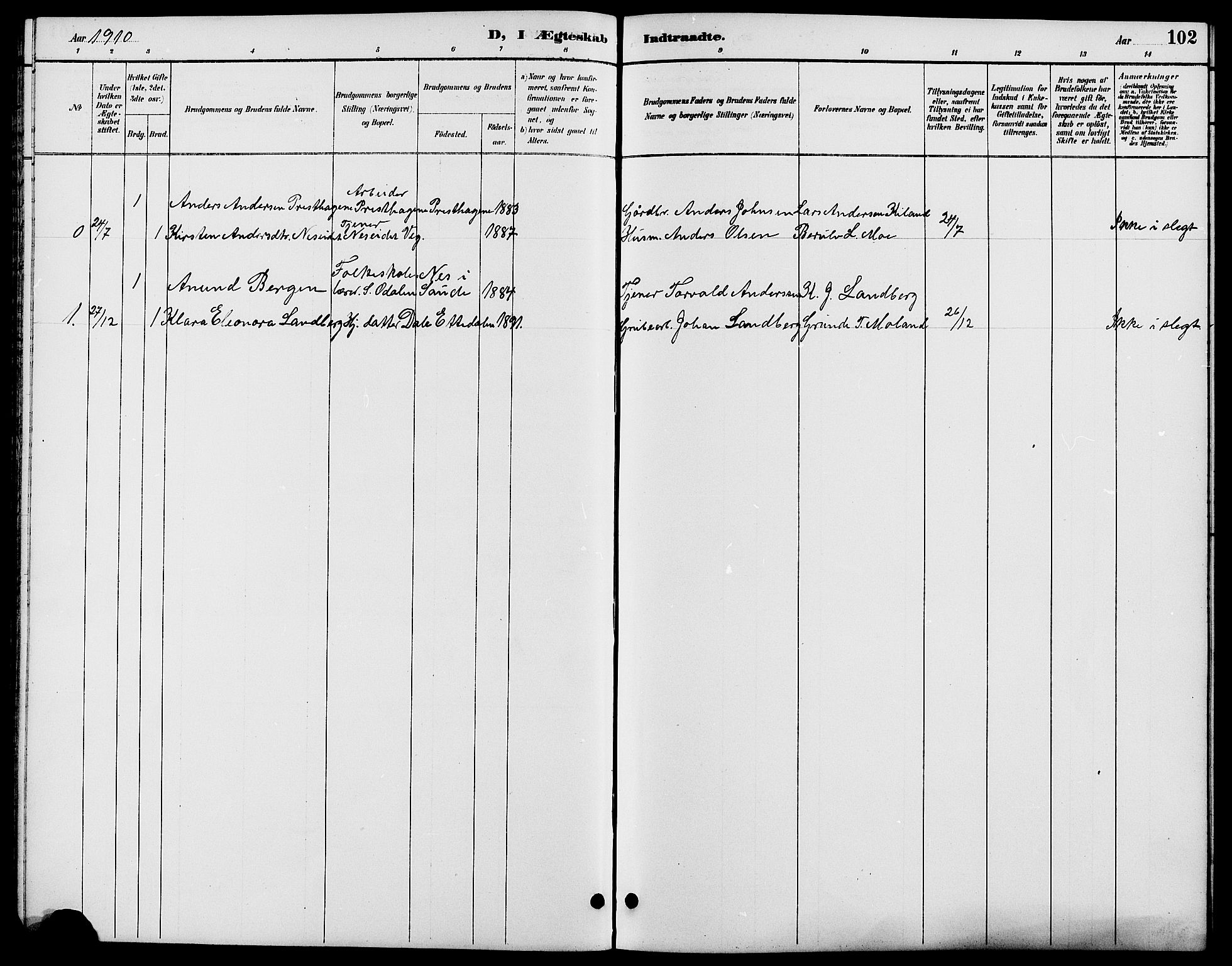 Gjerstad sokneprestkontor, SAK/1111-0014/F/Fb/Fbb/L0004: Parish register (copy) no. B 4, 1890-1910, p. 102