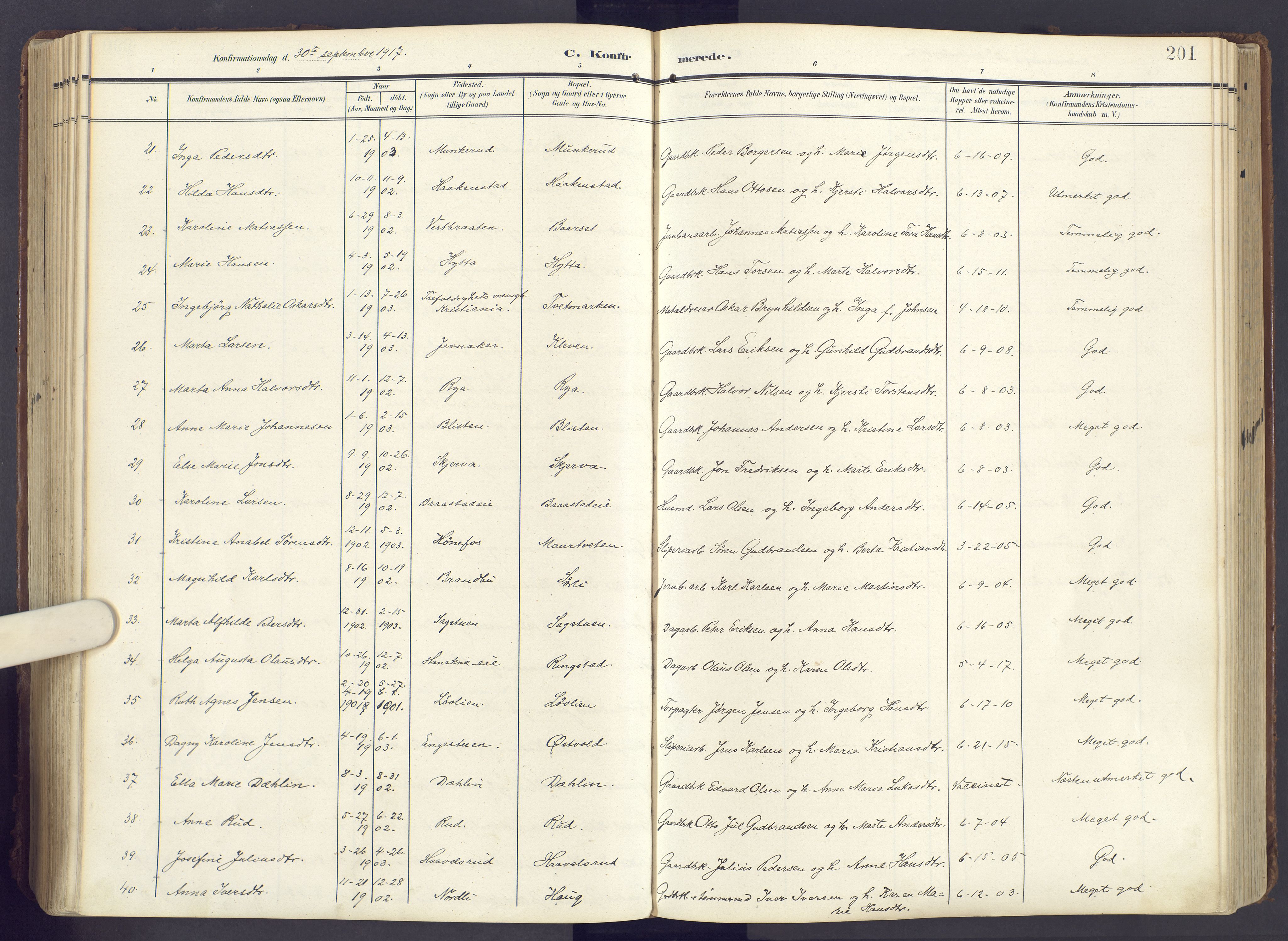 Lunner prestekontor, AV/SAH-PREST-118/H/Ha/Haa/L0001: Parish register (official) no. 1, 1907-1922, p. 201