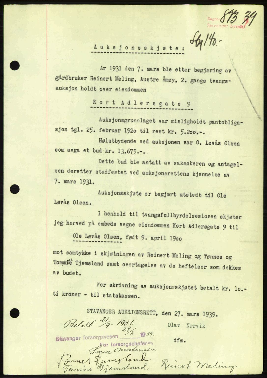 Stavanger byrett, SAST/A-100455/002/G/Gb/L0014: Mortgage book no. A4, 1938-1939, Diary no: : 893/1939