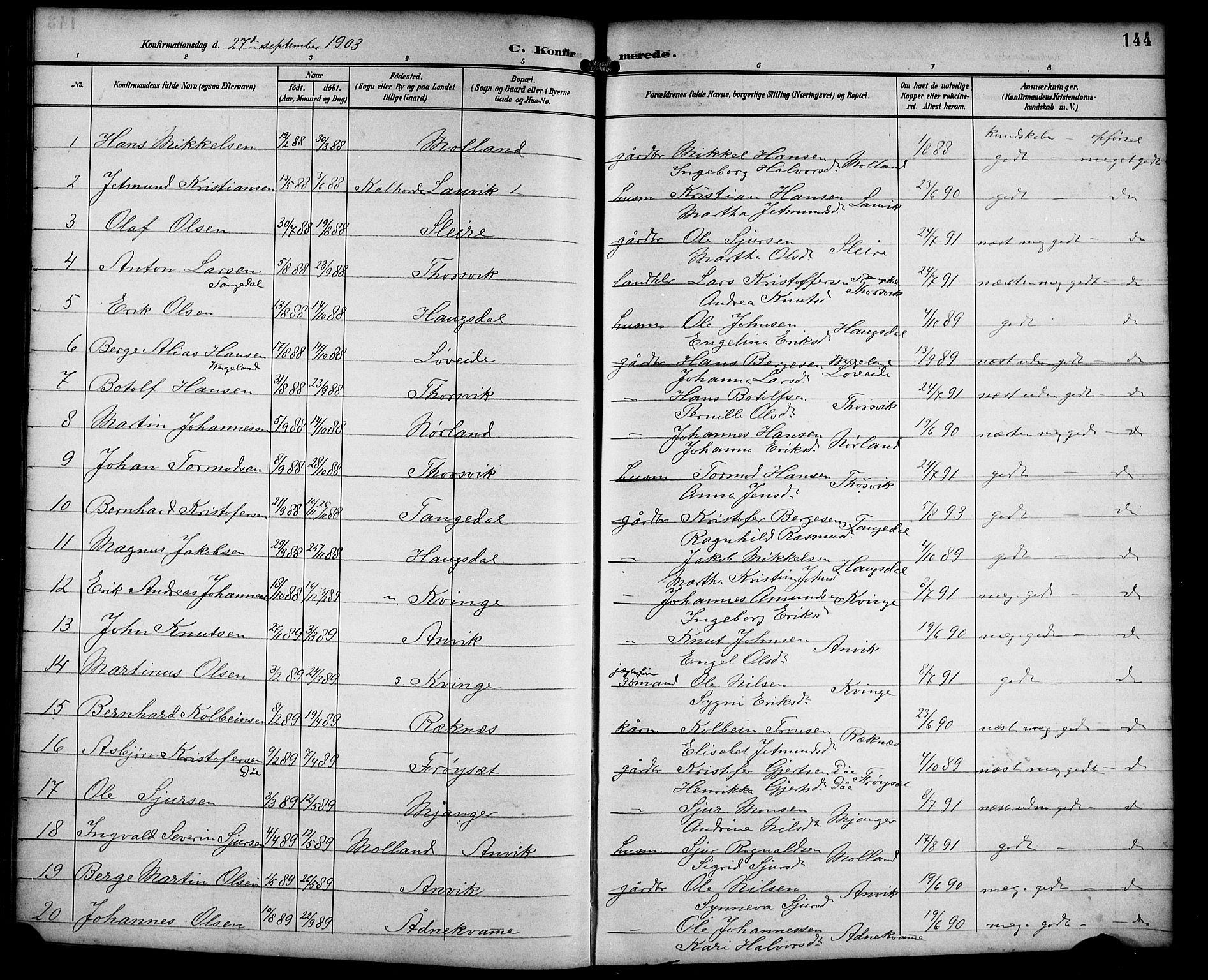 Masfjorden Sokneprestembete, AV/SAB-A-77001: Parish register (copy) no. B 1, 1892-1913, p. 144