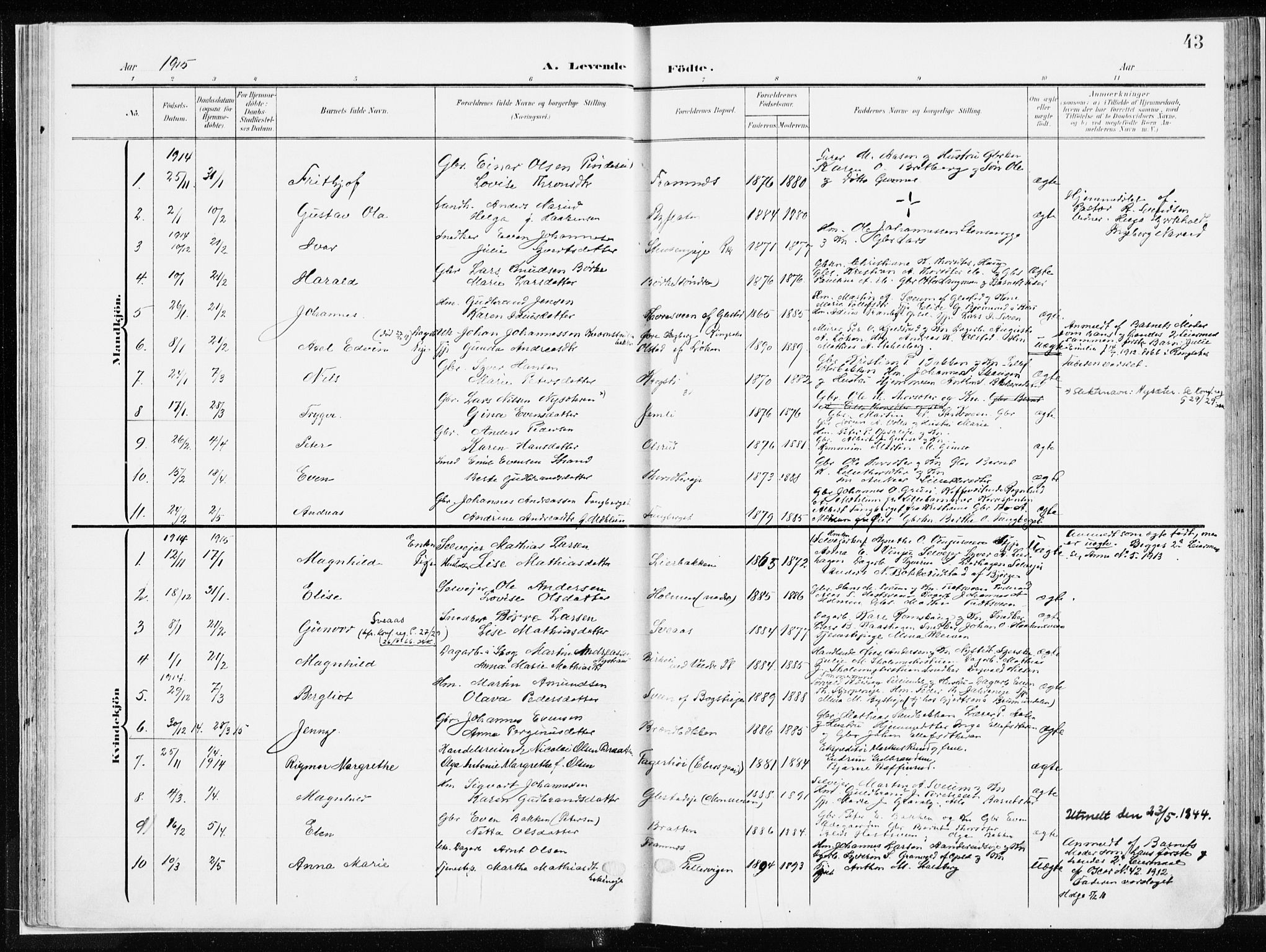 Ringsaker prestekontor, SAH/PREST-014/K/Ka/L0019: Parish register (official) no. 19, 1905-1920, p. 43