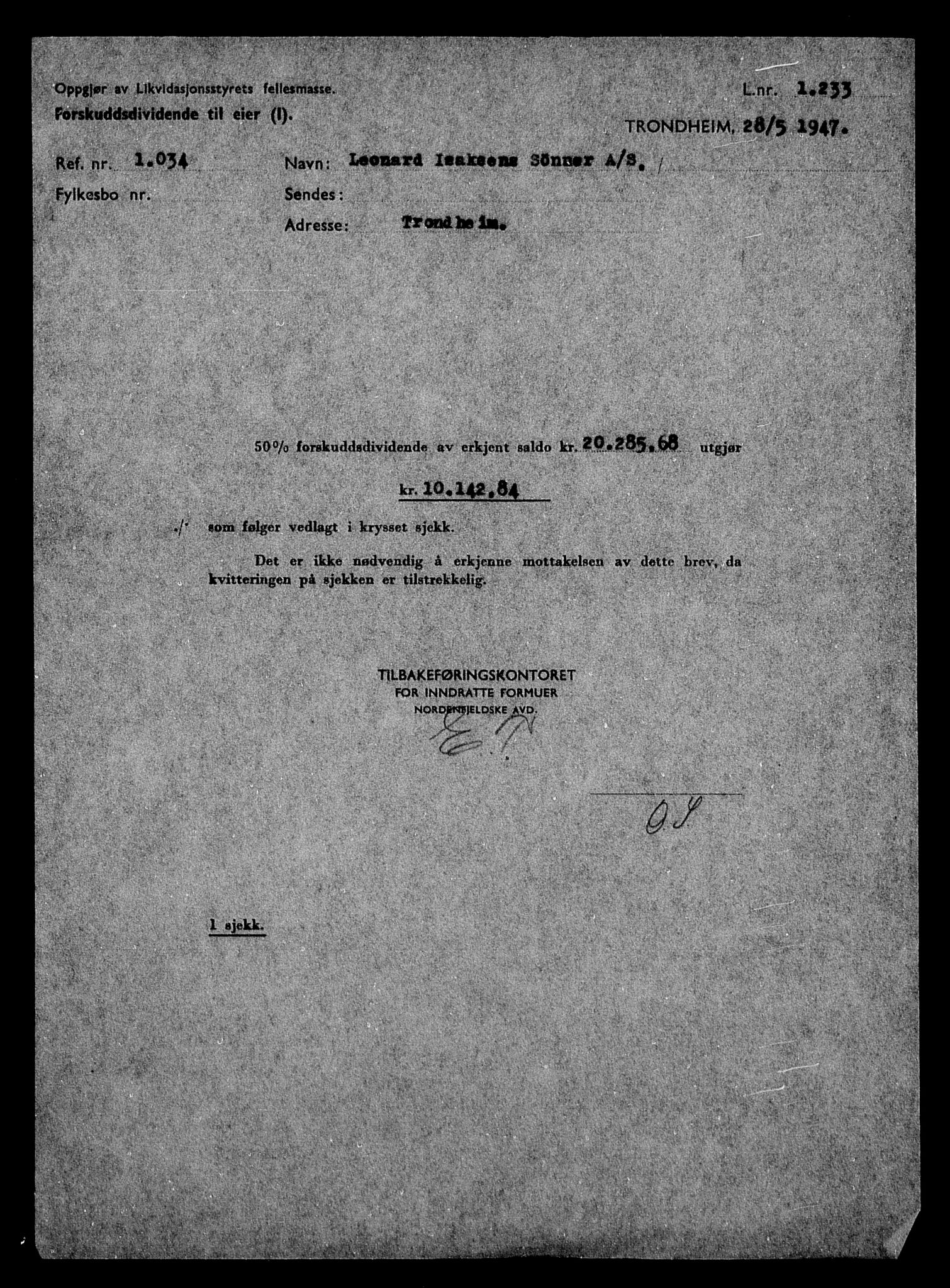 Justisdepartementet, Tilbakeføringskontoret for inndratte formuer, AV/RA-S-1564/H/Hc/Hca/L0898: --, 1945-1947, p. 6