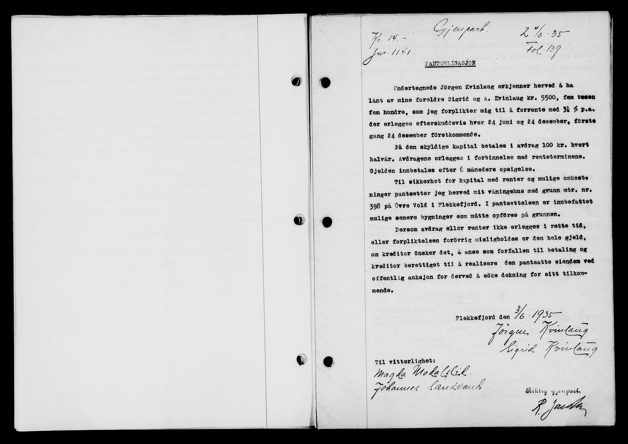 Flekkefjord sorenskriveri, SAK/1221-0001/G/Gb/Gba/L0052: Mortgage book no. 48, 1935-1936, Deed date: 04.06.1935