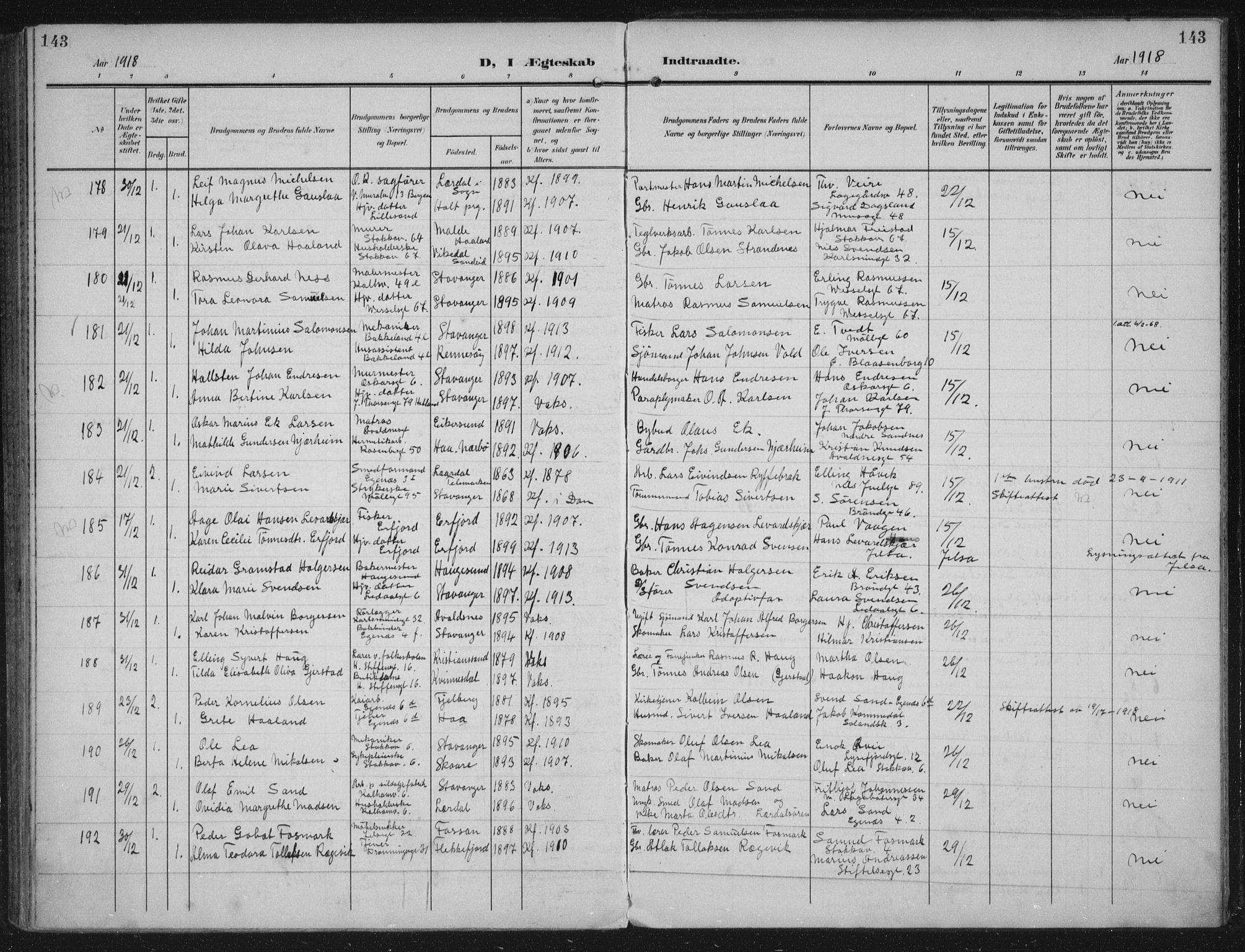 Domkirken sokneprestkontor, SAST/A-101812/002/A/L0016: Parish register (official) no. A 33, 1905-1922, p. 143