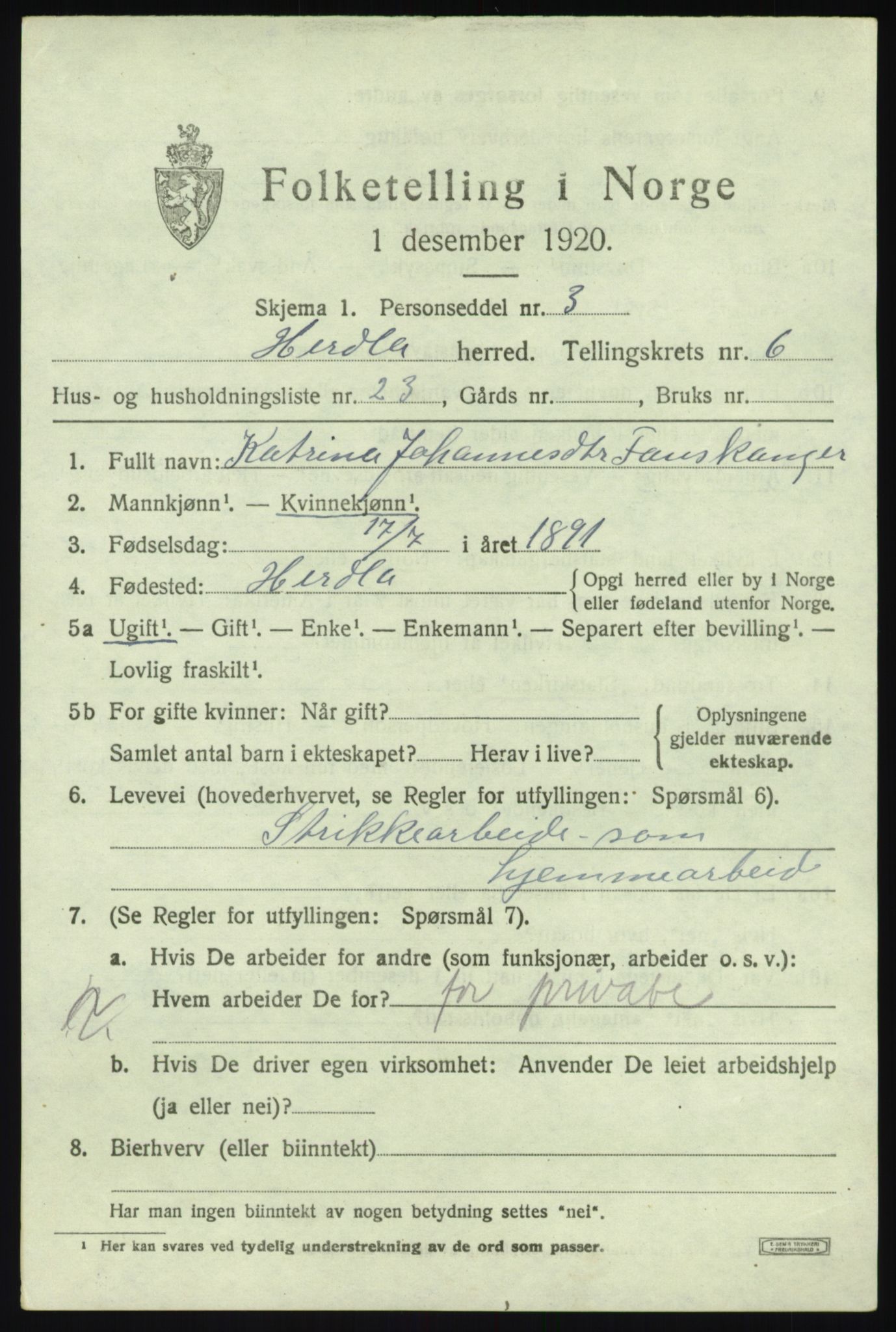 SAB, 1920 census for Herdla, 1920, p. 4697