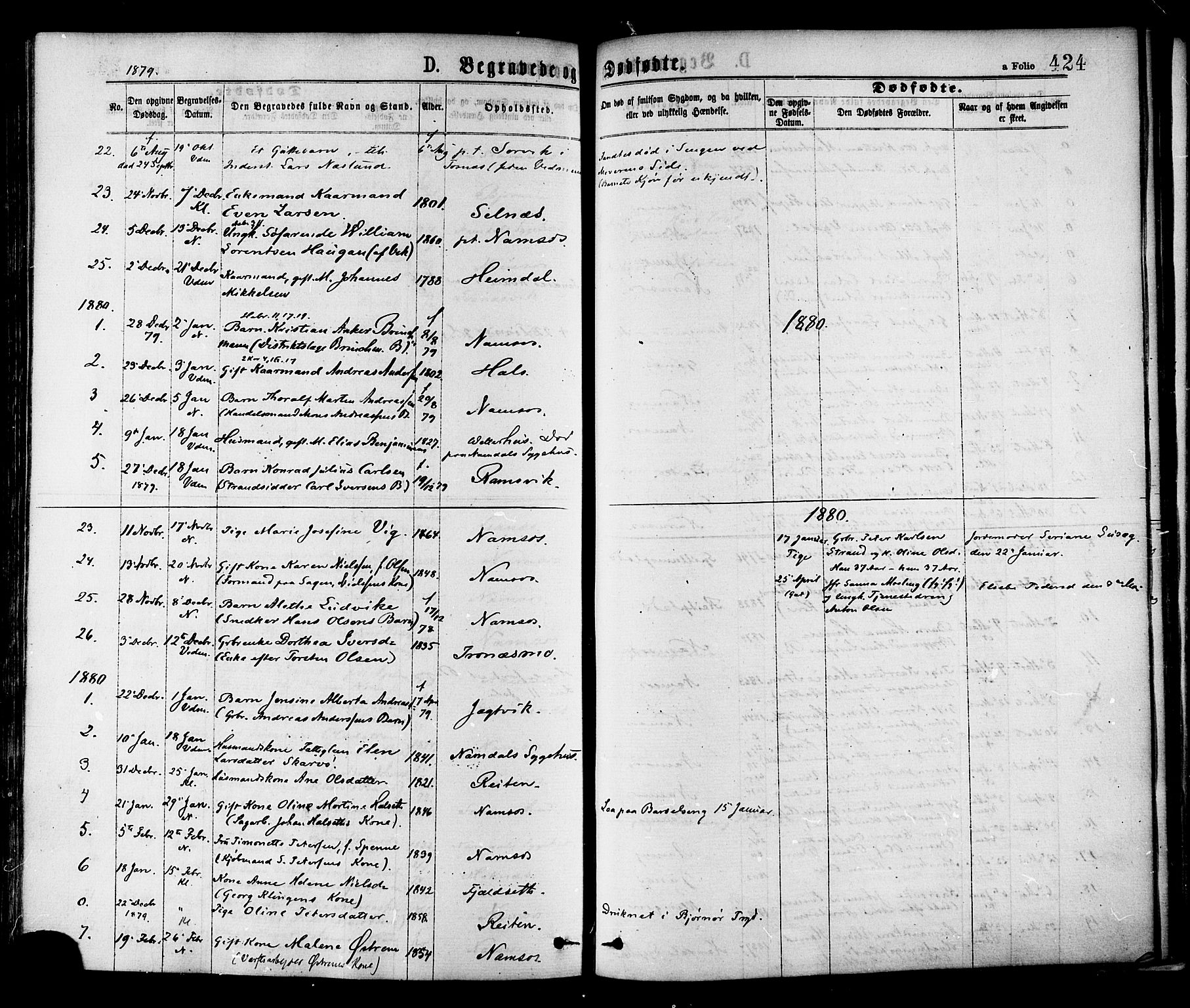 Ministerialprotokoller, klokkerbøker og fødselsregistre - Nord-Trøndelag, SAT/A-1458/768/L0572: Parish register (official) no. 768A07, 1874-1886, p. 424