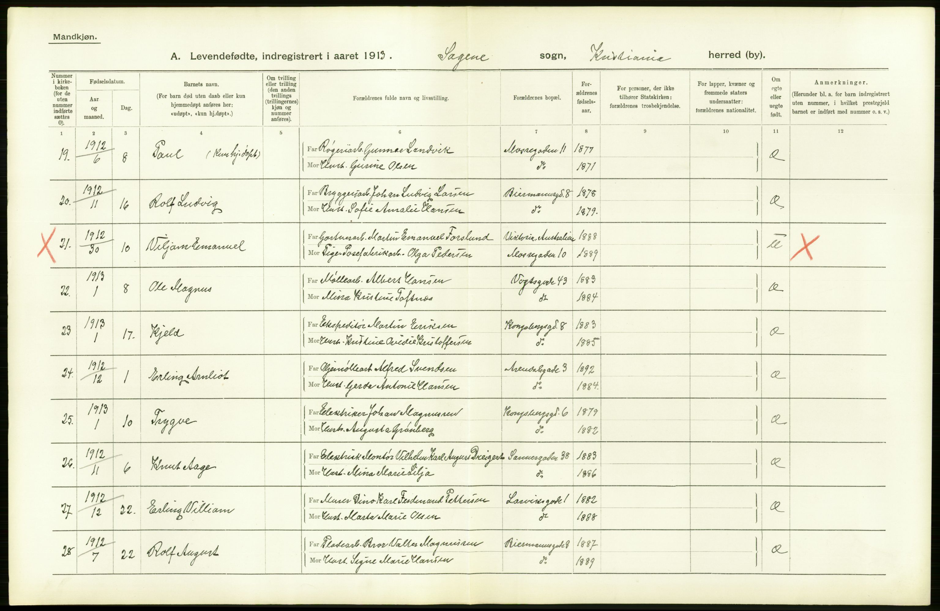 Statistisk sentralbyrå, Sosiodemografiske emner, Befolkning, AV/RA-S-2228/D/Df/Dfb/Dfbc/L0006: Kristiania: Levendefødte menn og kvinner., 1913, p. 60