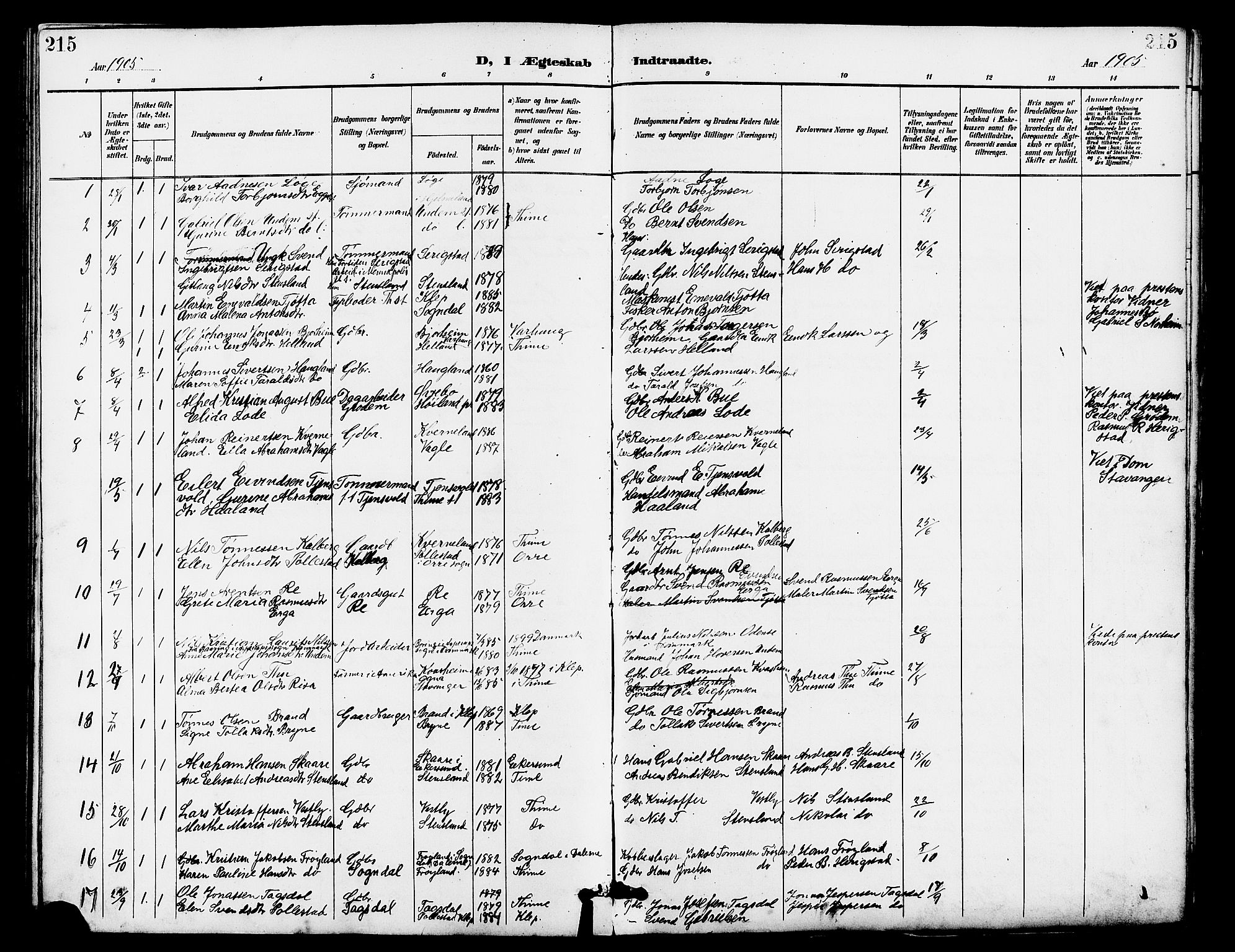 Lye sokneprestkontor, SAST/A-101794/001/30BB/L0007: Parish register (copy) no. B 8, 1889-1909, p. 215