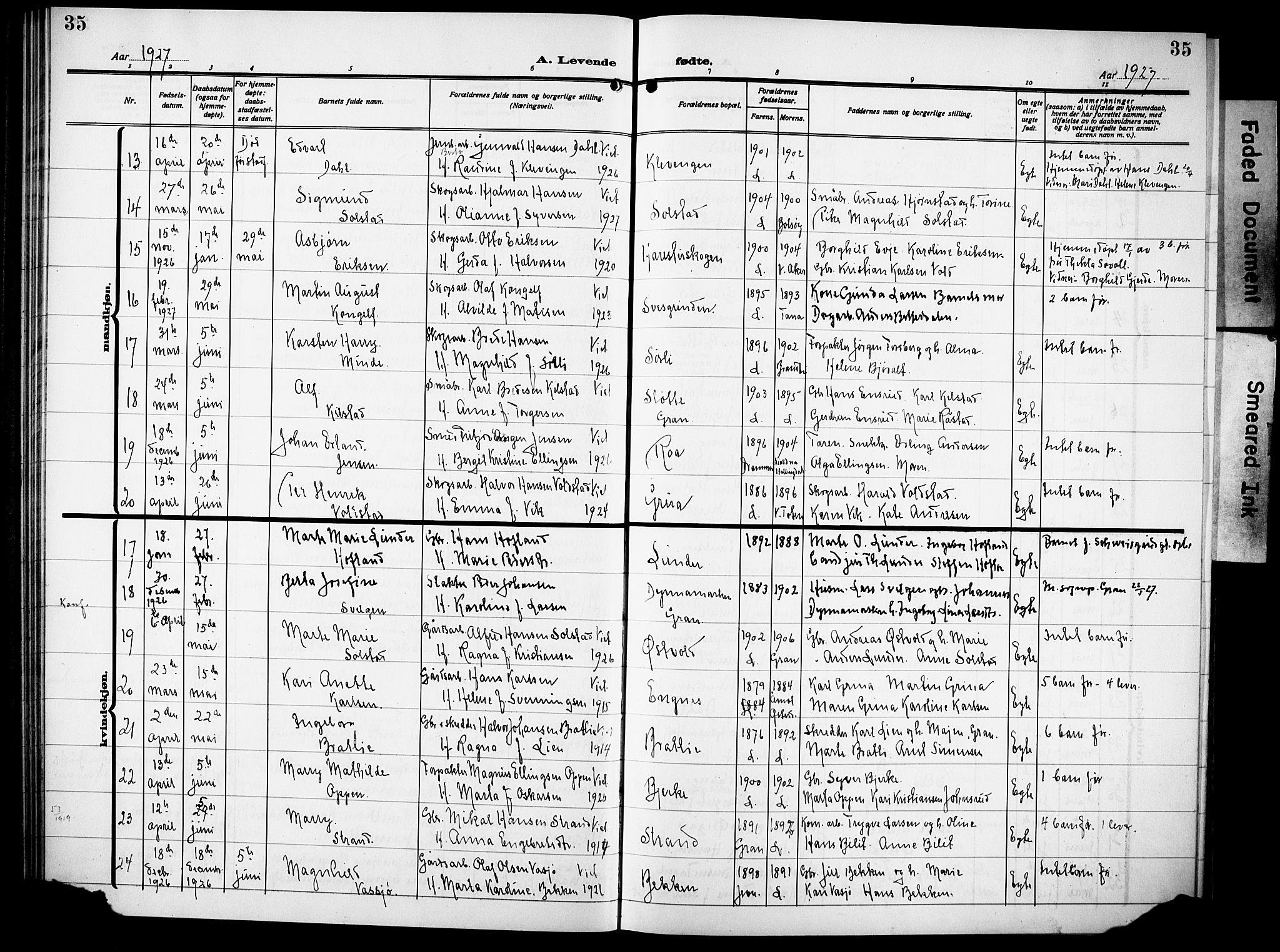 Lunner prestekontor, AV/SAH-PREST-118/H/Ha/Hab/L0002: Parish register (copy) no. 2, 1923-1933, p. 35