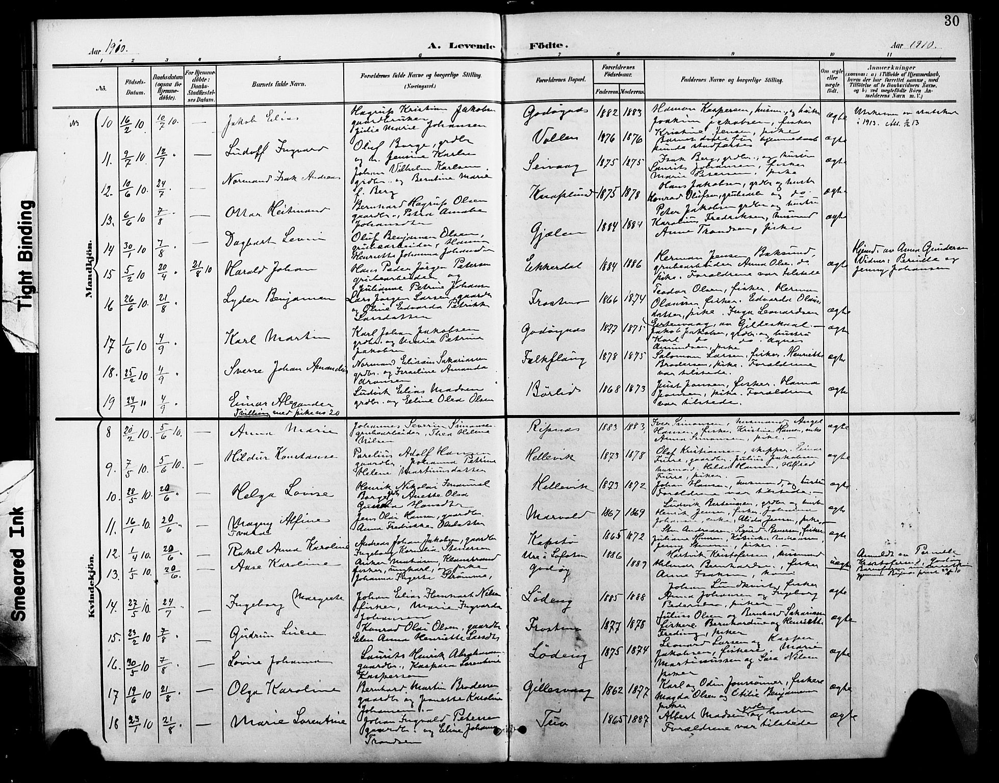 Ministerialprotokoller, klokkerbøker og fødselsregistre - Nordland, SAT/A-1459/804/L0088: Parish register (copy) no. 804C01, 1901-1917, p. 30