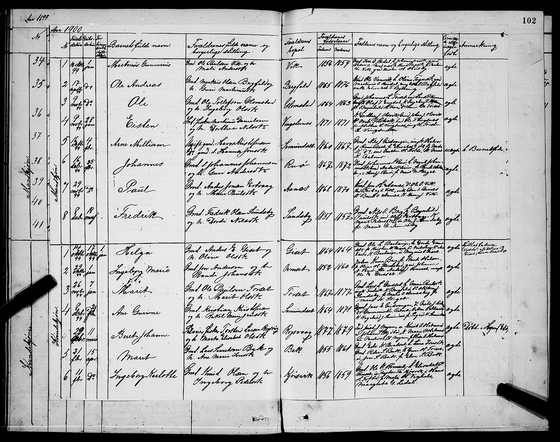 Ministerialprotokoller, klokkerbøker og fødselsregistre - Møre og Romsdal, AV/SAT-A-1454/578/L0909: Parish register (copy) no. 578C02, 1882-1900, p. 102