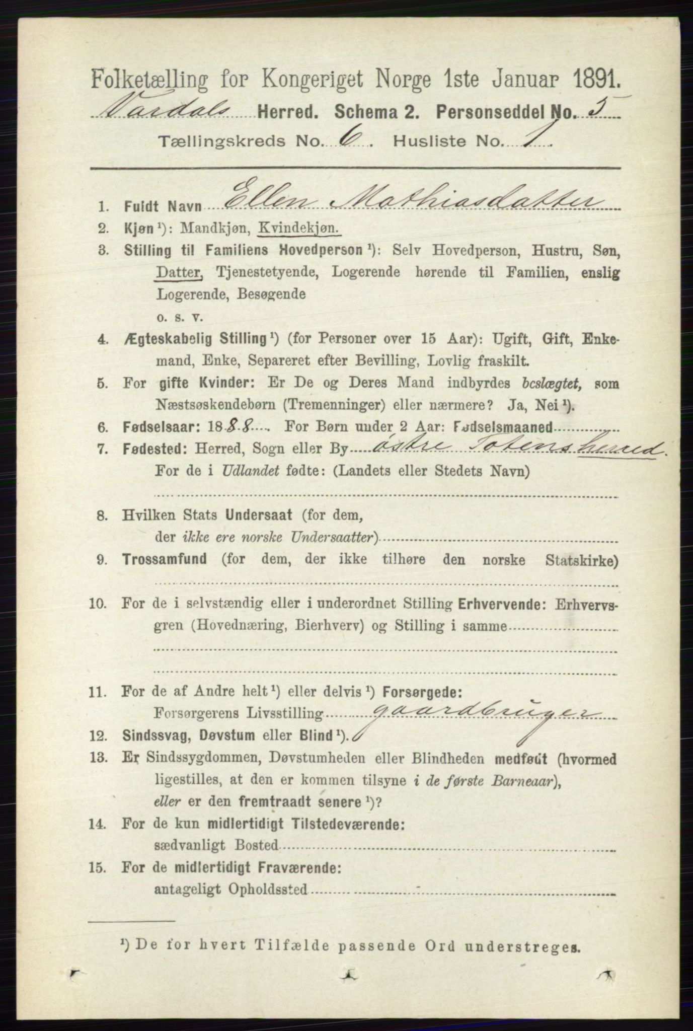 RA, 1891 census for 0527 Vardal, 1891, p. 2378