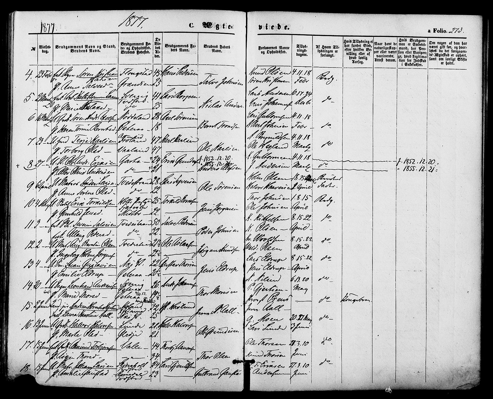 Holt sokneprestkontor, AV/SAK-1111-0021/F/Fa/L0010: Parish register (official) no. A 10, 1872-1885, p. 273