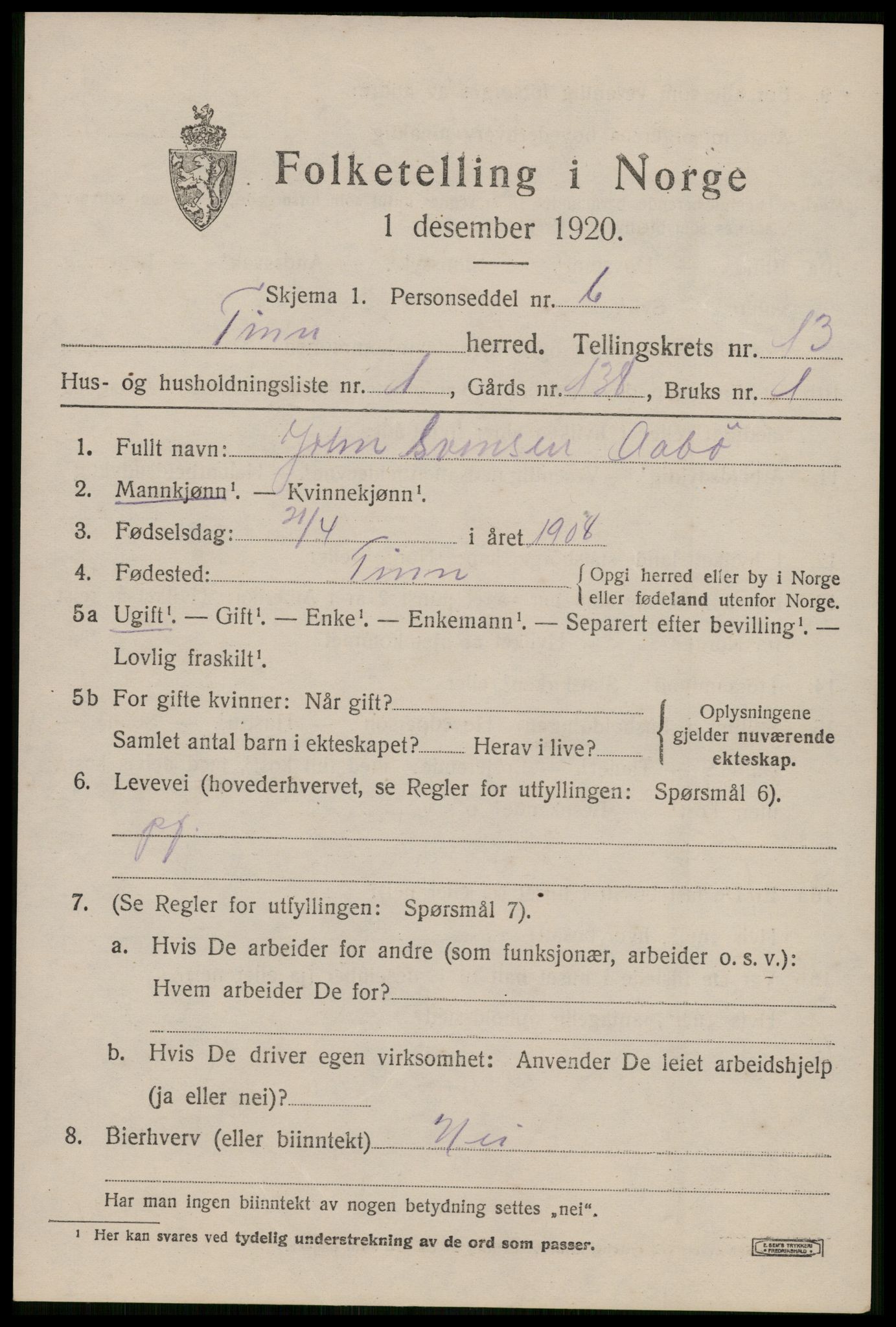 SAKO, 1920 census for Tinn, 1920, p. 8156